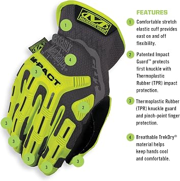 Mechanix Wear Hi-Viz M-Pact Open Cuff Gloves - High-Visibility Impact Gloves - For Builders Safety - For Construction - Vibration Absorbing - Fluorescent Yellow - Small