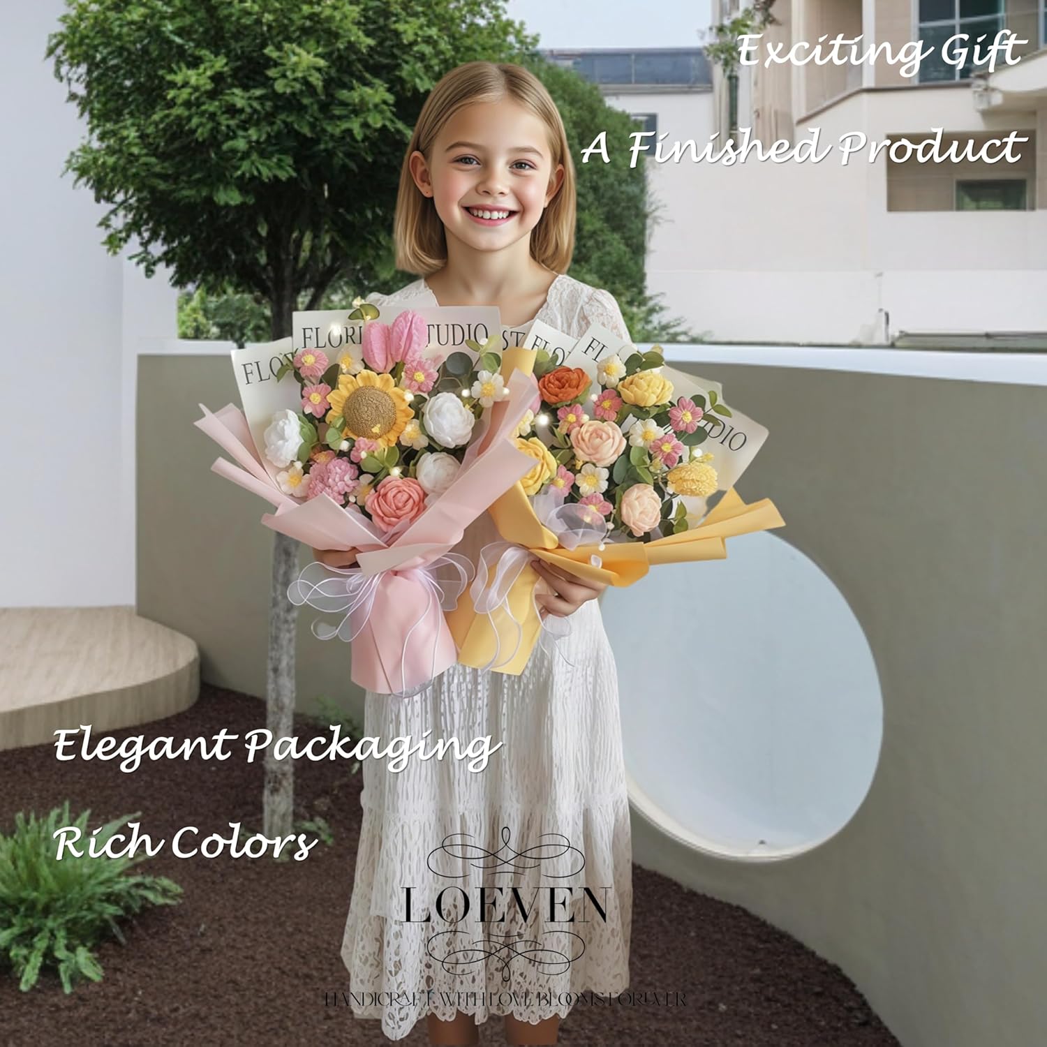 LOEVEN Crochet Flowers, Eight Artificial Flowers, Crochet Flower Bouquet, Carnation, Preserved Flower, Handmade Knitted Bouquet for Mother Birthday Home Decor Girlfriend (Yellow)