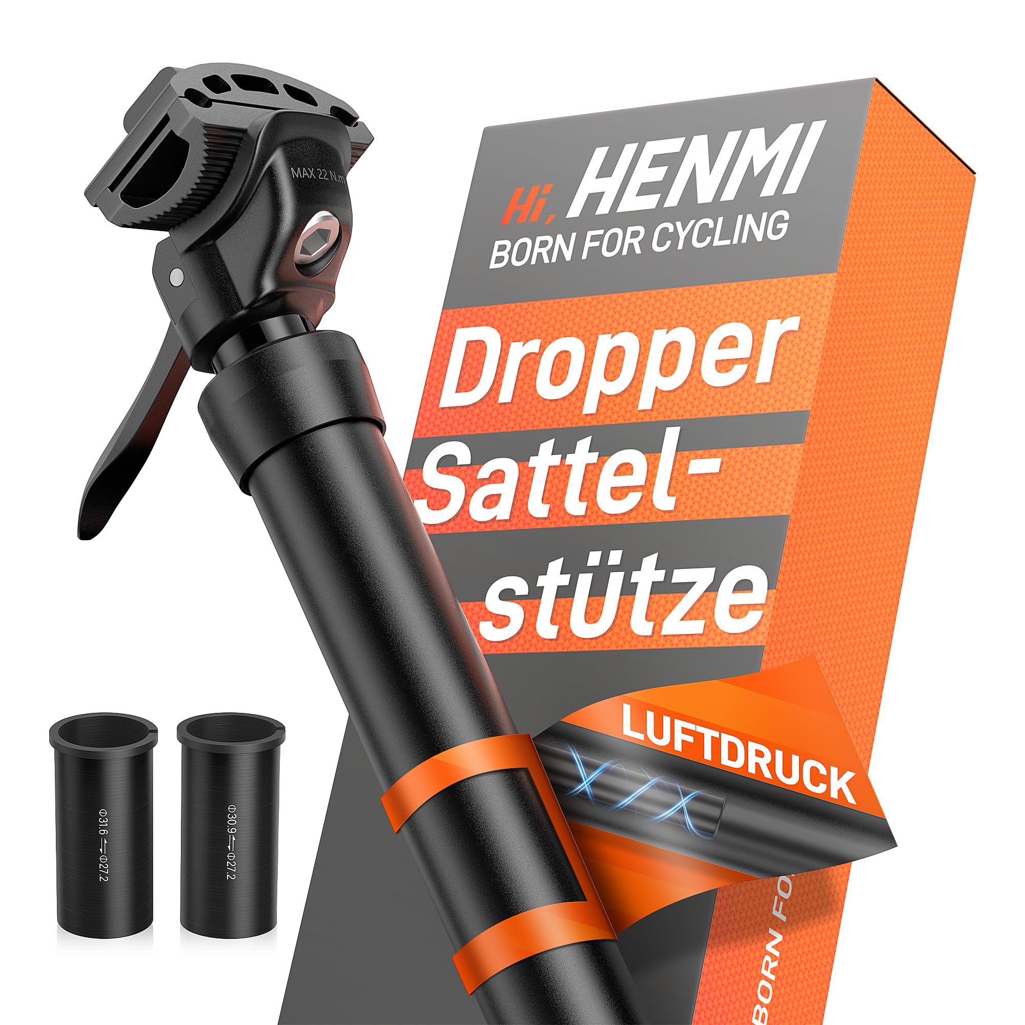 HENMI Luftdruck Teleskop-Sattelstütze mit Hydraulik-Dämpfung – Höhenverstellbarer Dropper Post 3in1 für 27,2/30,9/31,6mm MTB, Gravel & E-MTB inkl. 2 Reduzierhülsen