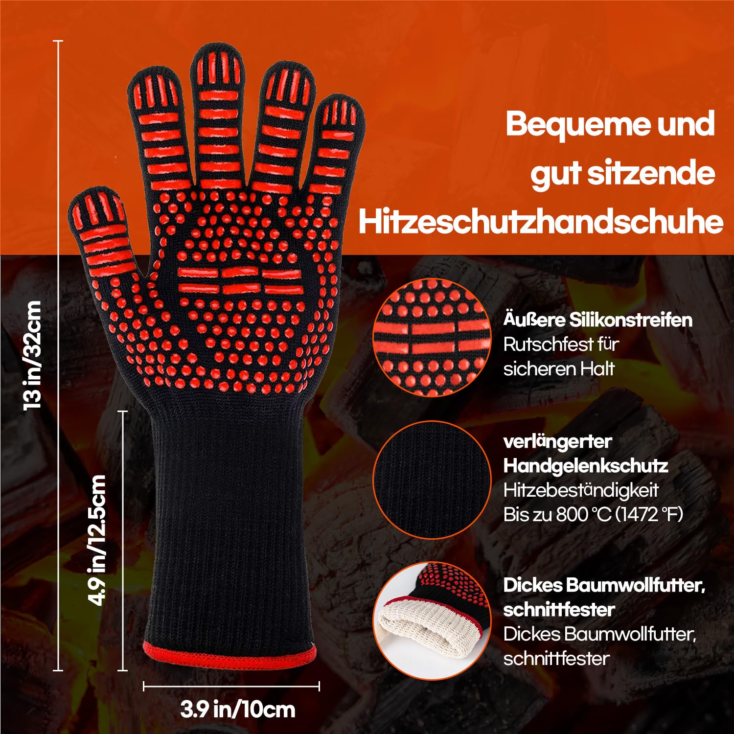 HubiCare Grillhandschuhe Hitzebeständige Feuerbeständige Ofenhandschuhe Handschutz Grillhandschuhe, 1772℉/800°C Hitzebeständige Ofenhandschuhe für Grill, Backofen, Kochen, Löten (Rot)