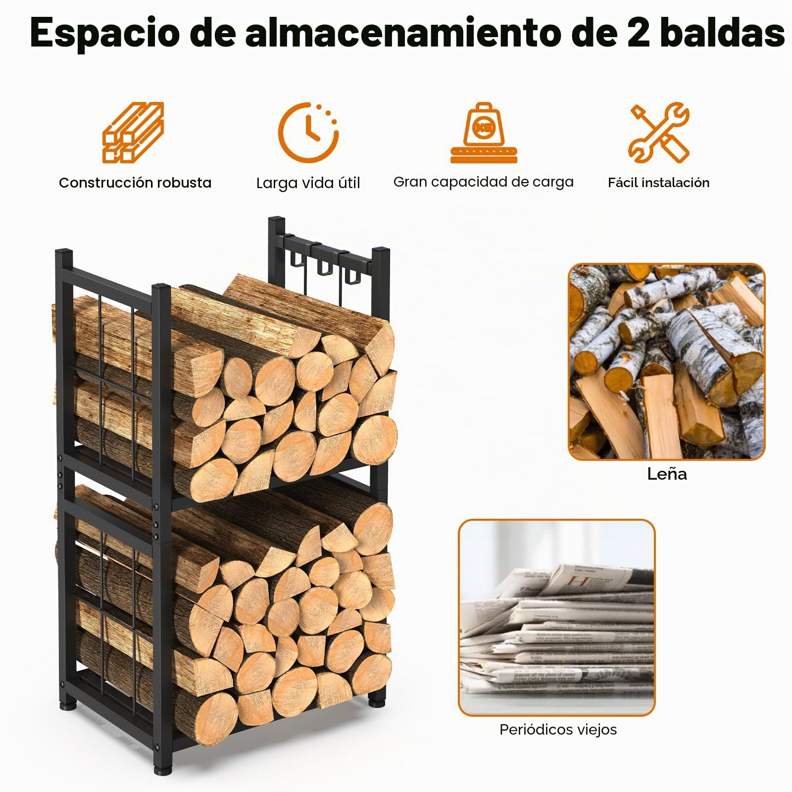 Shinoske Estante para leña de Chimenea con 4 ganchos, 44 x 30.5 x 82 cm, Estante de Leña para chimenea 2 Niveles Leñero Exterior e Interior Metálico, Negro