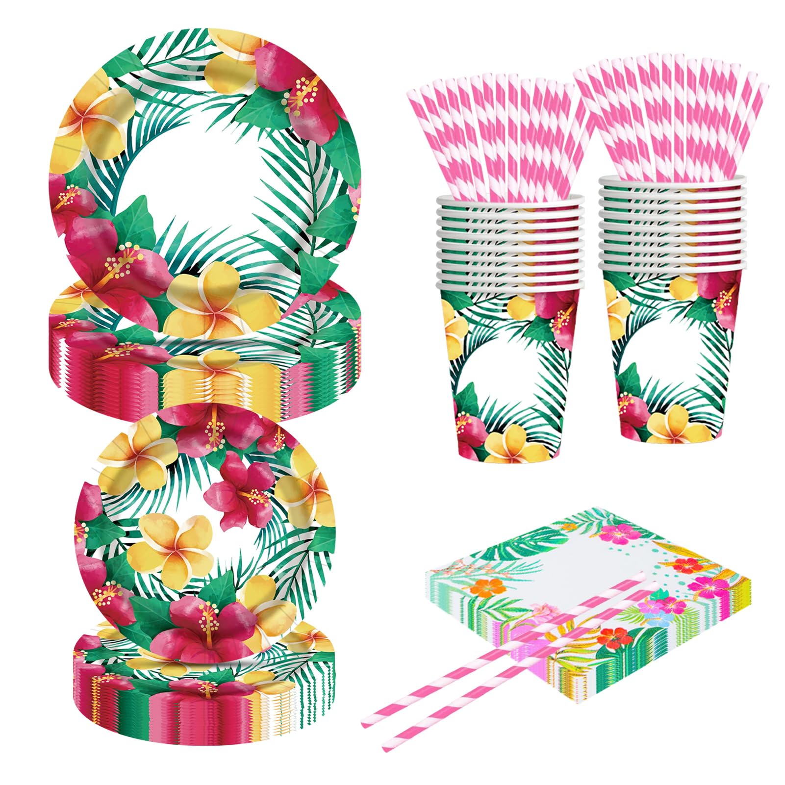 Moerstar Hawaiian Party Supplies, Hawaiian Tropical Flowers Tableware Set With Aloha Paper Plates Napkins Cups Tablecloth For Hawaii Luau Beach Summer Party Decorations (Style 2)