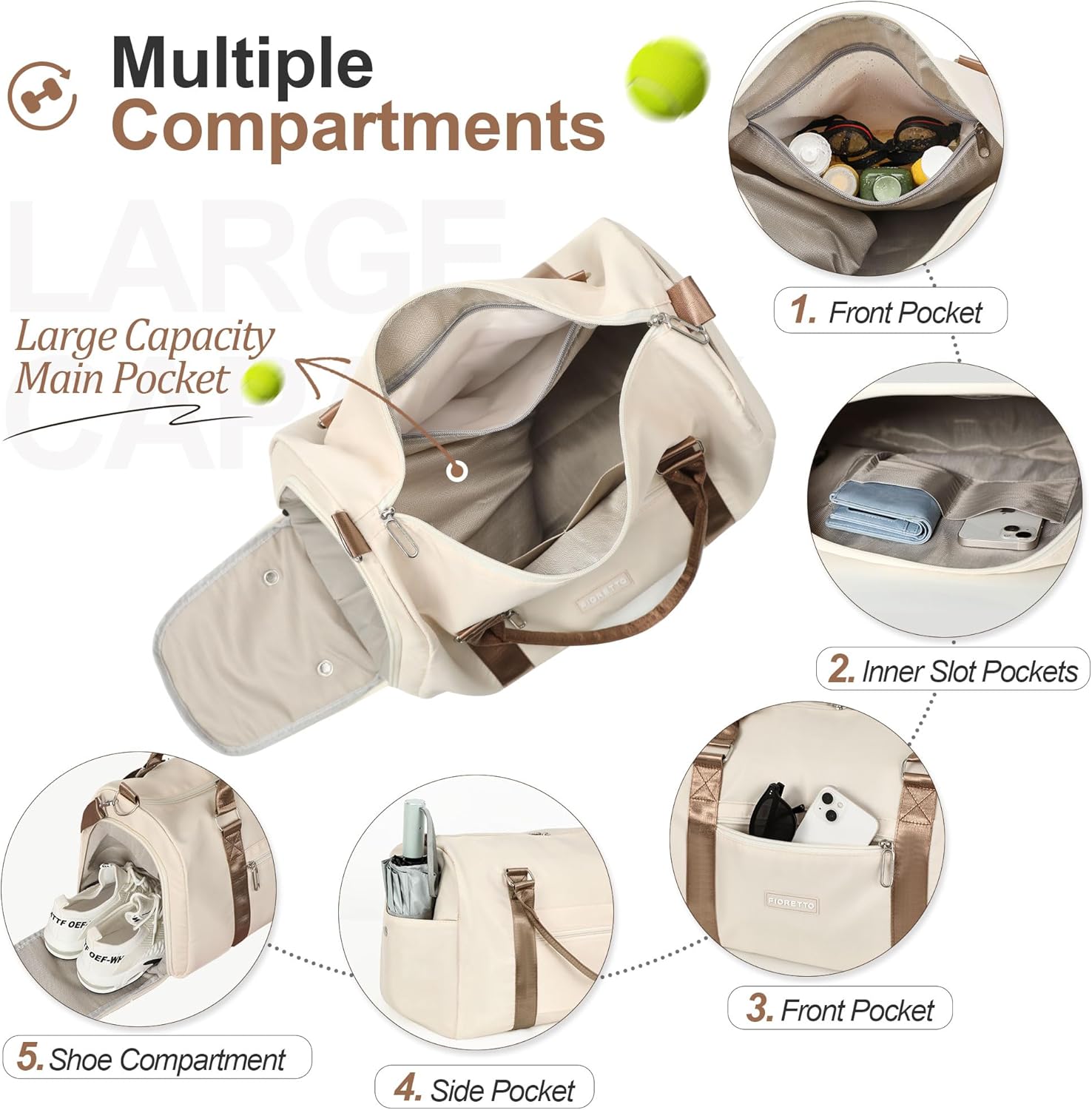FIORETTO Womens Gym Tote Duffle Bag with Wet Pocket & Shoe Compartment, Sports Duffel Overnight Weekender Hospital Workout Carry on Bag for Girls, Ideal for Travel, Swimming, Dance, Ballet Beige - Image 2