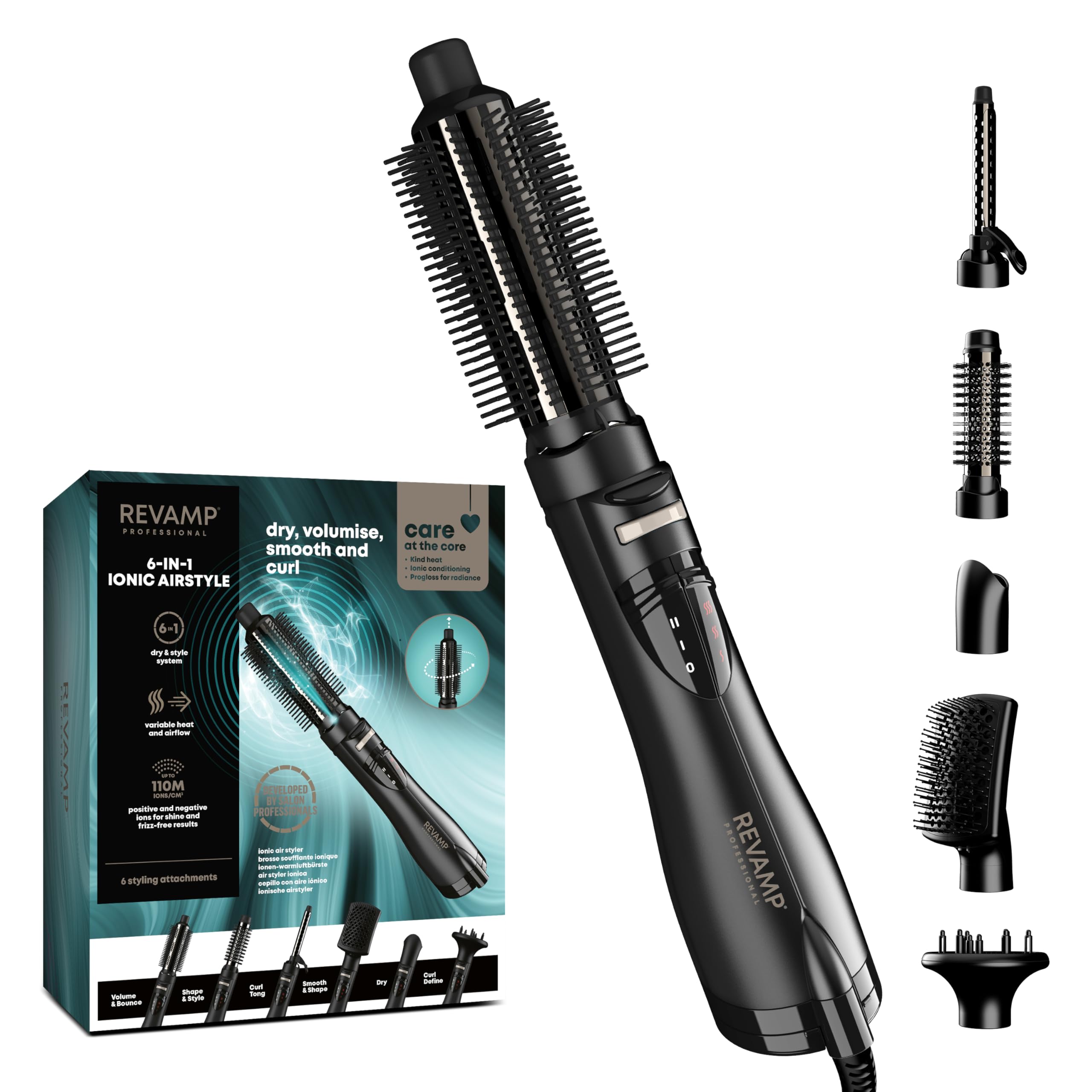 REVAMP Progloss Airstyle Spazzola ad Aria 6 in 1 - Getto Ionico | Phon, Spazzola Rotante, Arricciacapelli, Diffusore, Accessori Intercambiabili, Calore Regolabile
