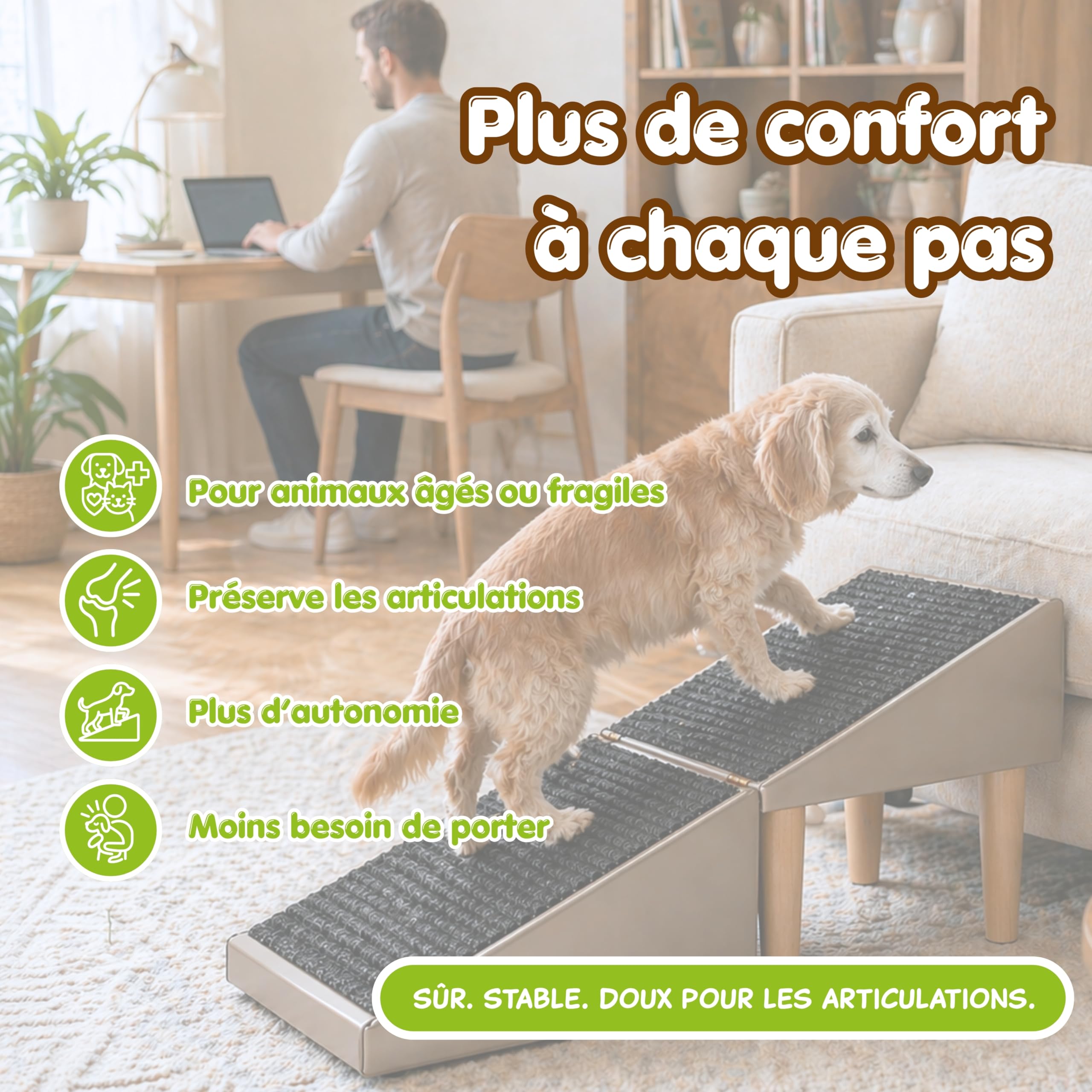 Siège & Escalier pour Chien Antidérapant 2 en 1 – Rampe et Marches pour Chiens & Chats Âgés – Marche ou Fauteuil – Mobilier Pliable et Esthétique pour Intérieur - 36 cm de Hauteur, Effet Cuir, Beige