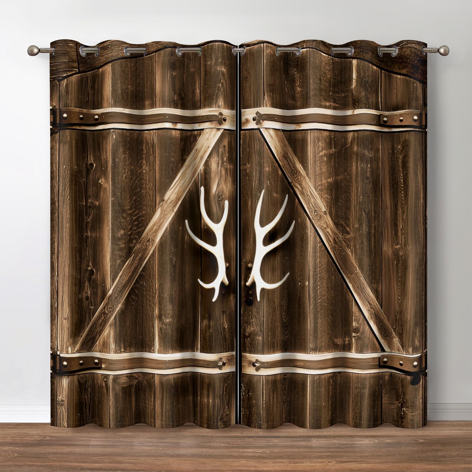 Jekeno Rustic Wooden Blackout Curtains Brown Wood Door of Farmhouse Village Rural Retro Decor for Bedroom Living Room Darkening Grommet Window Drapes