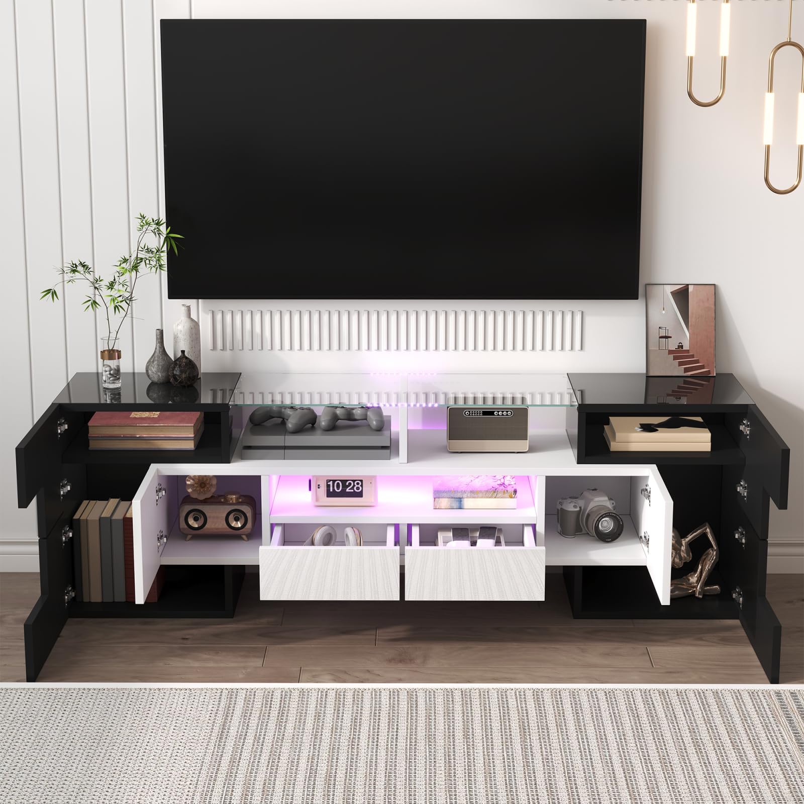 Moderner LED TV-Schrank für Fernseher bis 65 Zoll, Fernsehschrank mit 6 Schließfach, 2 Schubladen,Fernsehtisch mit Glastischplatte, Hochglanz TV Lowboard für Wohn- und Esszimmer (Schwarz + Weiß)