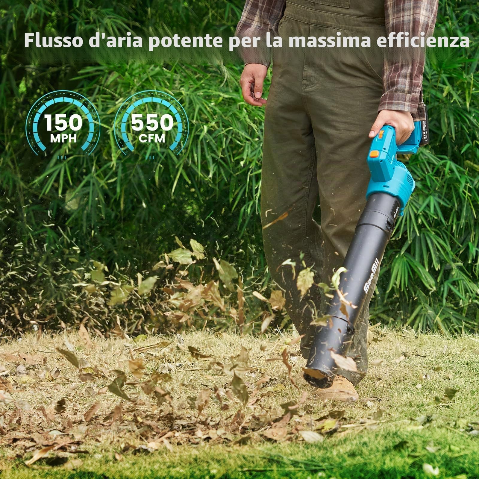 SEESII Soffiatore Elettrico Senza Filo con 2 Batterie 4.0Ah e Caricatore, 5 Velocità, Leggero e Potente per Giardino, Prato, Cortile, Pulizia Foglie