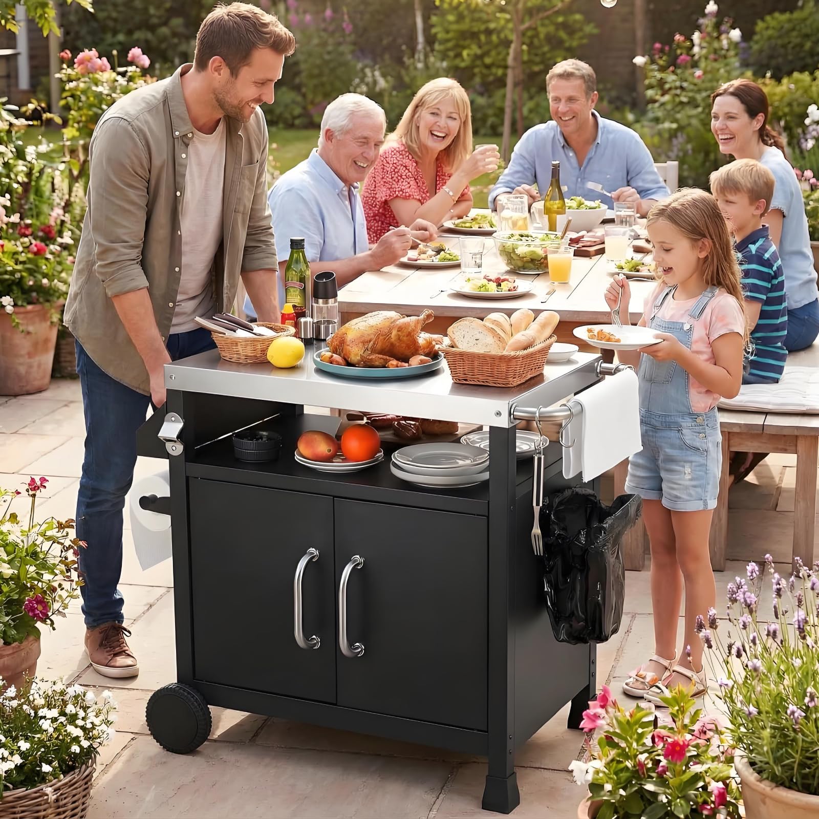 LIFERUN Carrito para Barbacoa Inoxidable,Carro de Barbacoa con Armario 2 Ruedas Ganchos,Carrito de Servicio Exterior,Mesa Auxiliar BBQ,Carro Cocina Superficie Trabajo Tnox,Picnic Fiesta Jardín Camping