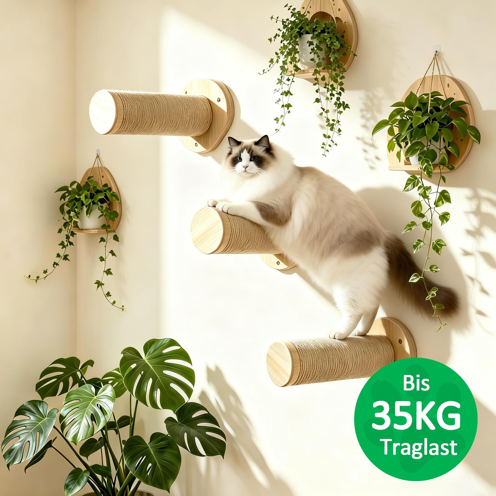 Ściana schodowa dla kota, stopień wspinaczkowy (3 szt.), z nowym połączeniem czop-rowkiem, masywne drewno gumowe, Ø 9 x dł. 32 cm, słupki sizalowe, montaż na ścianie, jutowe drapaki, ściana