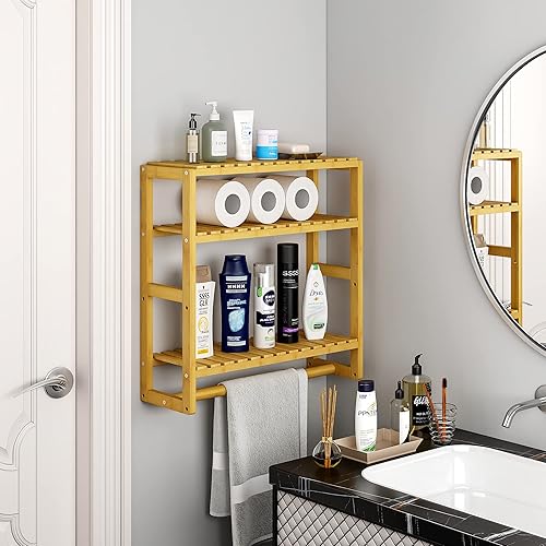 Miniatura 33 de Estantes de baño de almacenamiento sobre el inodoro, estantes de baño, 3 niveles, organizador de estante esquinero de bambú para toallas, armario
