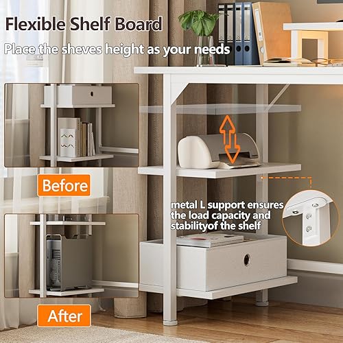 Miniatura 6 de Furologee Escritorio blanco con tomas de corriente y luces LED, escritorio de juegos de oficina de 47 pulgadas con estantes y cajón de tela, mesa de