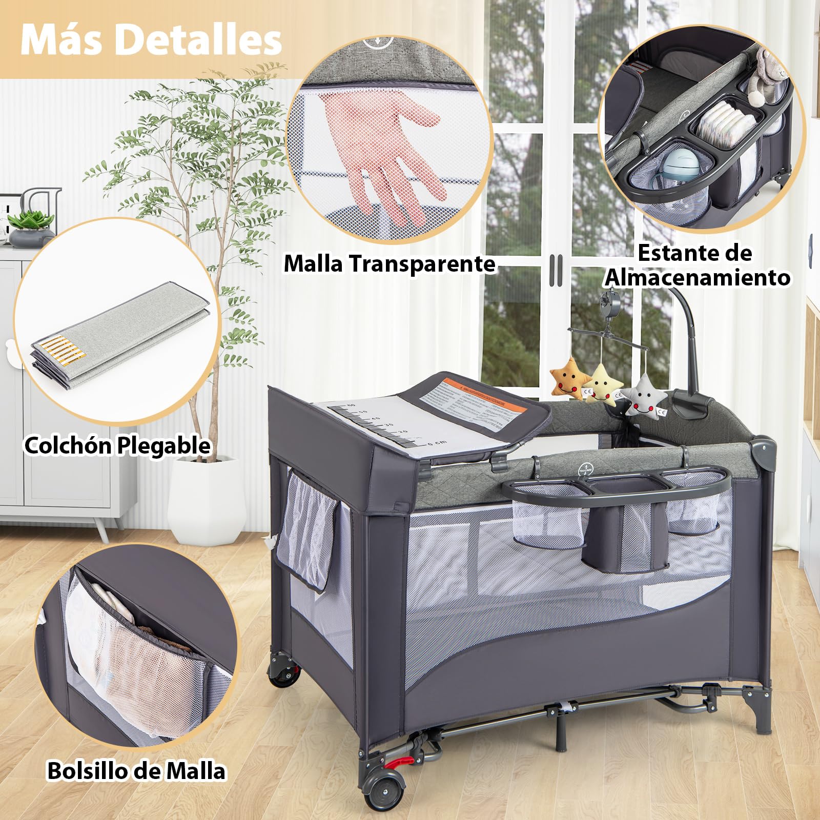 RELAX4LIFE 5 en 1 Cuna Bebé con 5 Alturas Ajustables, Cambiador, Colchón, Caja Música, Juguetes Colgantes y Bolsa de Transporte, Cuna de Viaje con 2 Ruedas Bloqueables para Bebés 0-3 Años (Gris Claro)
