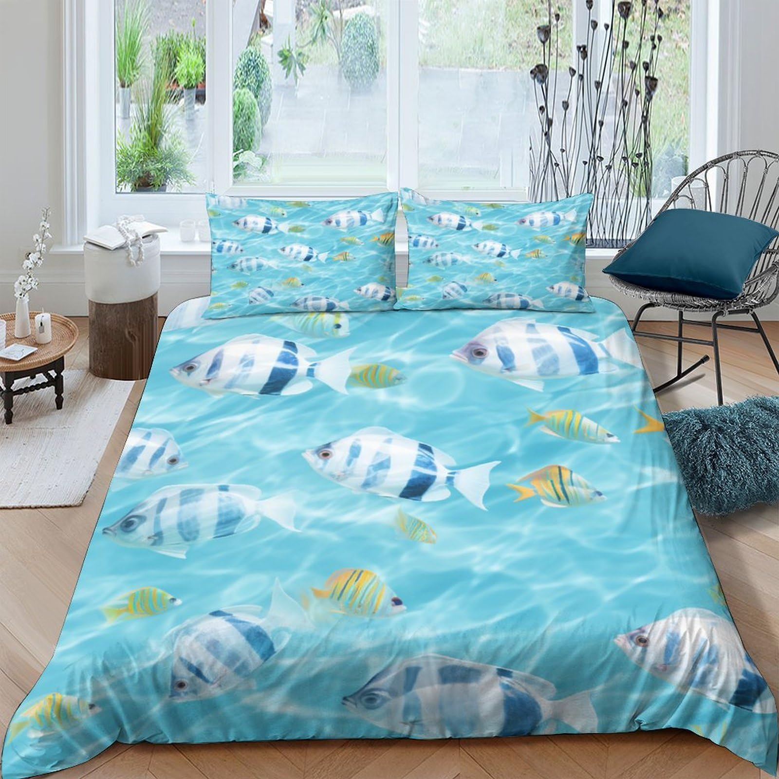 Housse de couette poisson tropical sans repassage avec fermeture éclair
