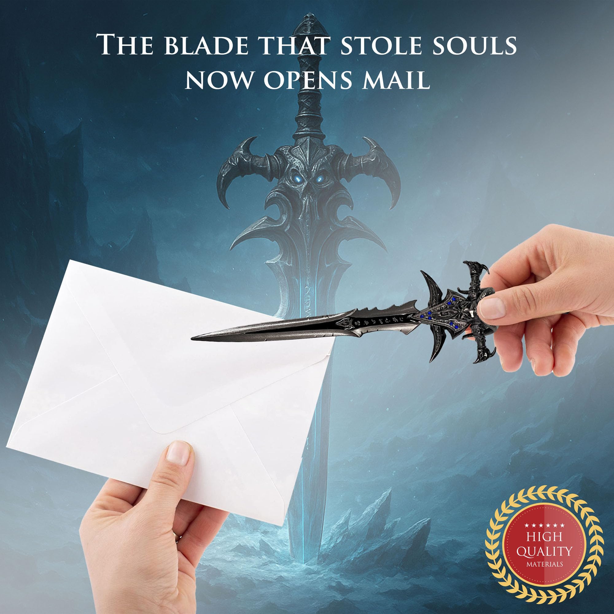 World of Warcraft- Frostmourne, ouvre-lettre en forme d'épée avec base, 22,5 cm, accessoire pour la maison et le bureau, cadeau et marchandise pour les fans et les collectionneurs