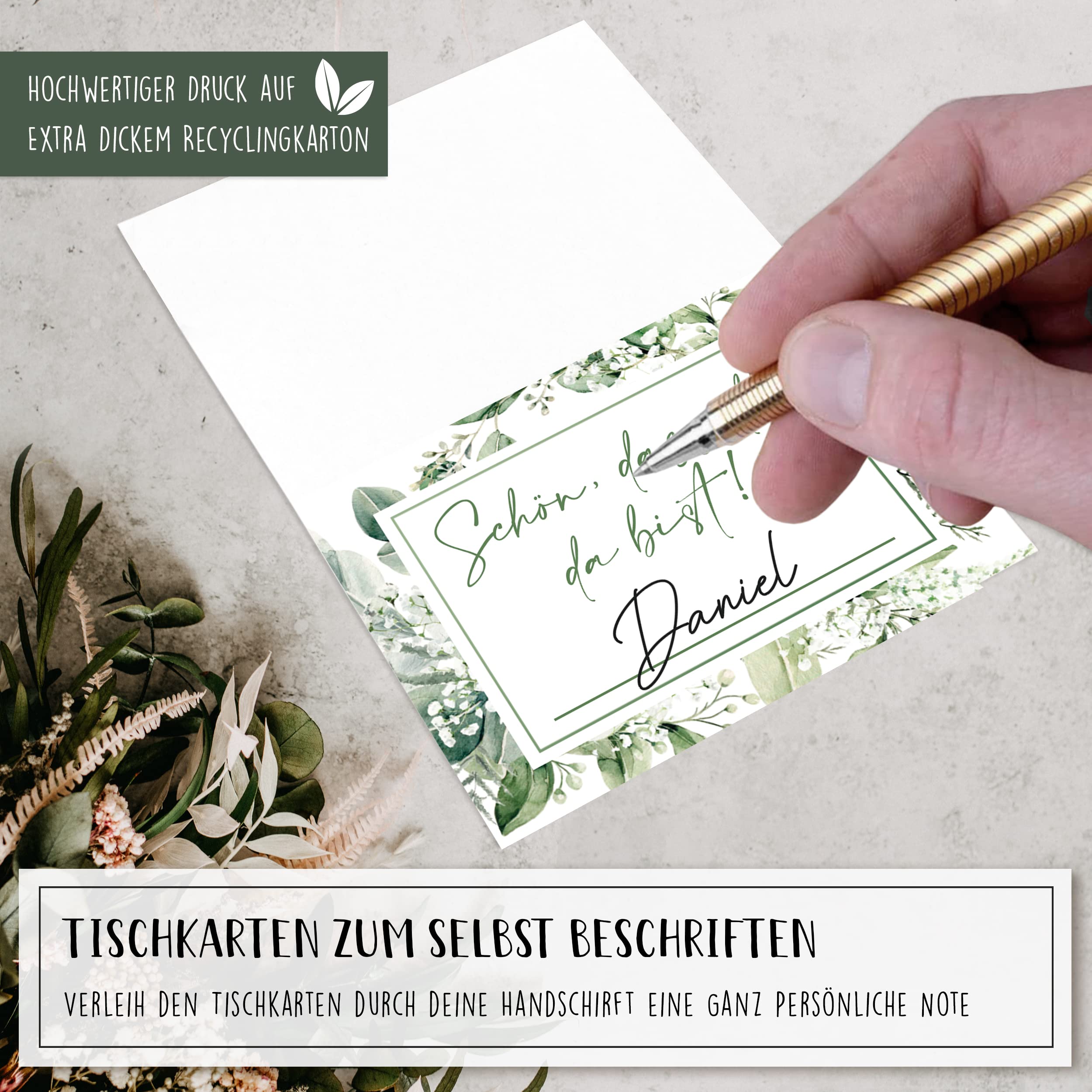 100 Segnaposto Per Matrimonio E Compleanno – Formato DIN A7, Con Scritta 'Schön Dass Du Da Bist' E 15 Numeri Tavolo, Eucalipto, Made In Germany