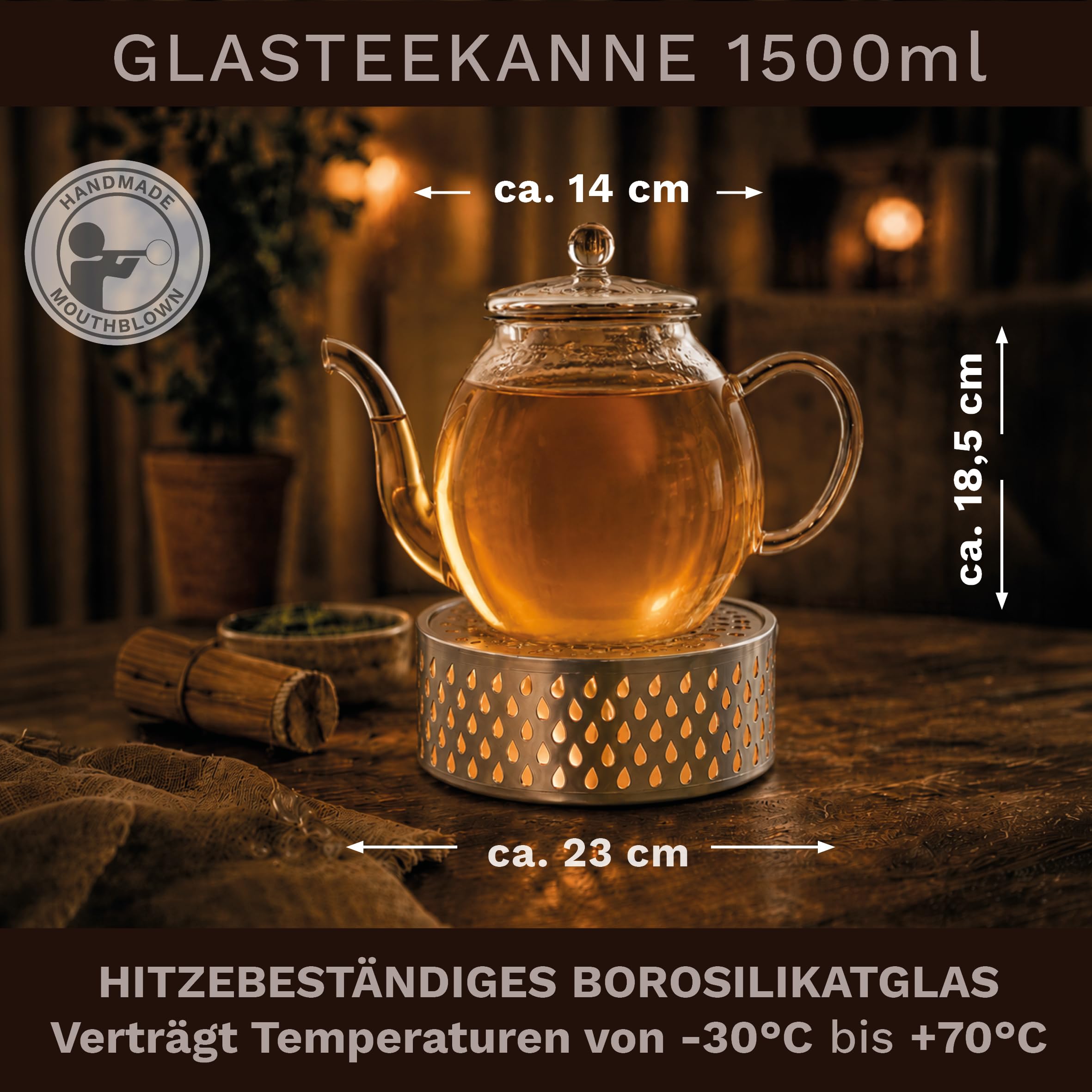 Creano Théière en Verre Haute 1,5 l Anti-Goutte avec Filtre INOX et réchaud Leaf Argent – théière Borosilicate pour thé en Vrac, sachets de thé et Fleurs de thé