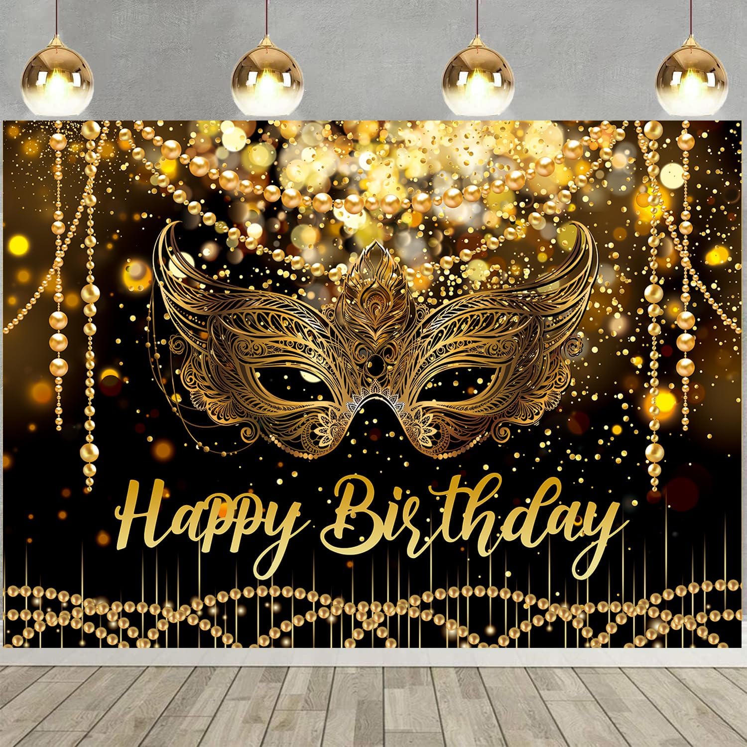 7X5FT Black and Gold Glitter Happy Birthday Backdrop Masquerade Mask Party Decorations Supplies Banner Masquerade Theme Carnival Dancing Photography Background