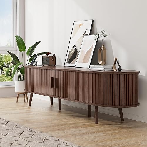 Miniatura 2 de Soporte de TV de mediados de siglo de 69 pulgadas para televisores de 55 a 80 pulgadas, moderno centro de entretenimiento con puertas correderas y