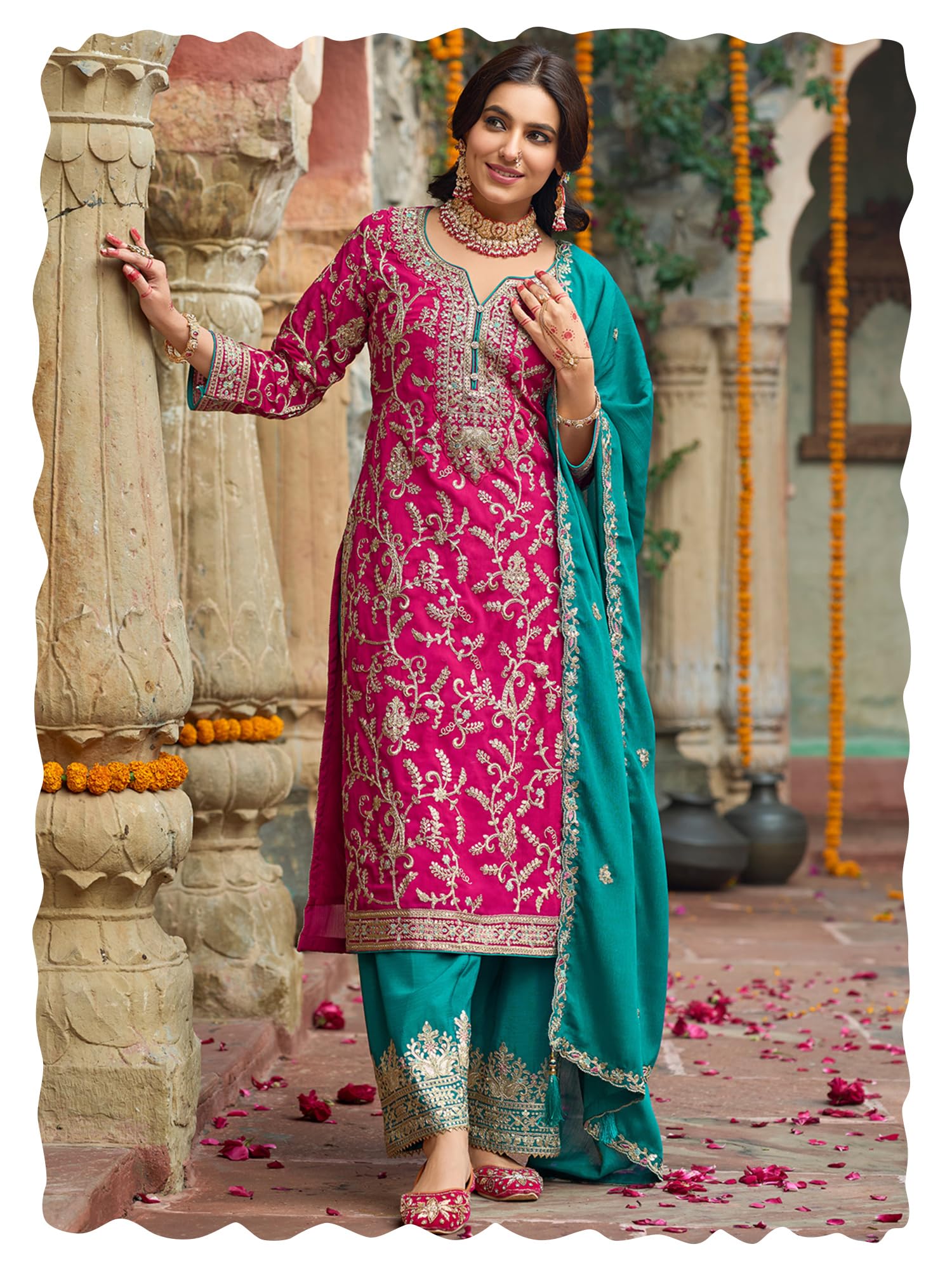 indo era Women's Silk Blend Embroidered Straight Kurta & Pant with Dupatta Set (IEOUT10592)-picture-10