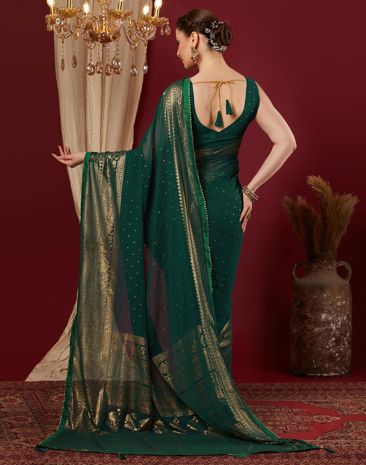 SIRIL Women's Georgette Foil Printed Saree with Unstitched Blouse Piece (4402S3154_Dark Green) - Image 3 thumbnail