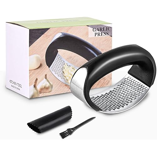Garlic Press Rocker-Made of 304# Stainless Steel-with Silicone Roller Peeler and Cleaning Brush (Three-piece Suit)-Kitchen Gadgets