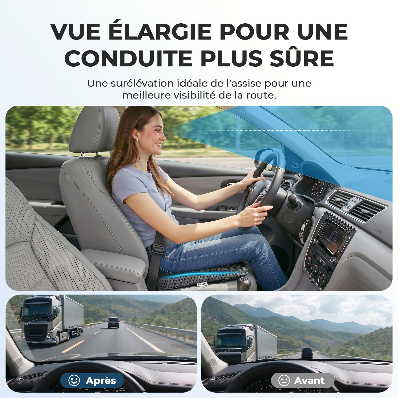 Feagar Coussin De Siège Auto en Coin Mémoire De Forme [Mesh 3D] | Réhausseur Ergonomique Pour Conducteur, Camion & Bureau, Coussin Compensé Antidérapant, Housse 3D Respirant, Posture