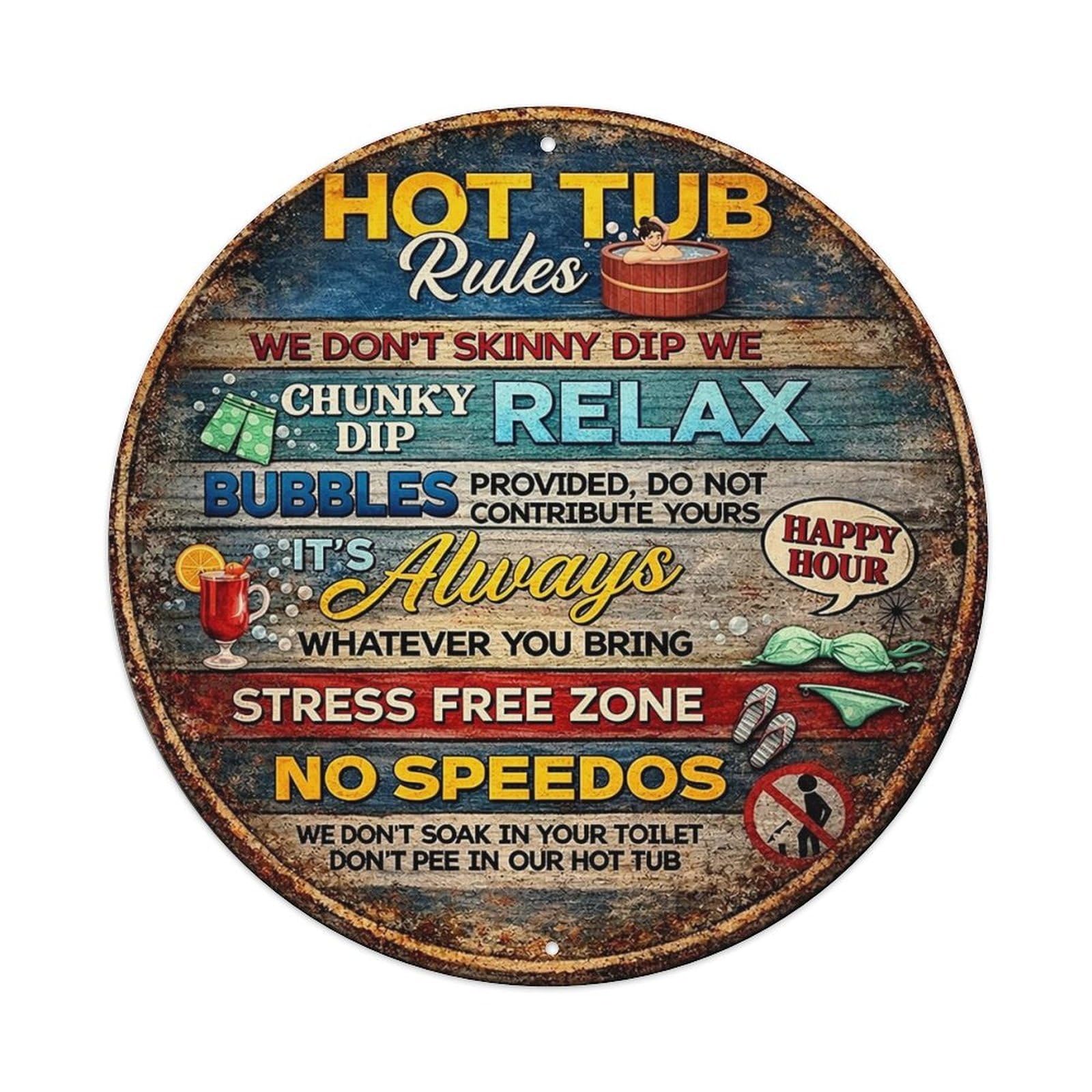 Hot Tub Rules Sign Design Vintage Metal Tin Sign Retro Wall Decor for Home Bar Garage Cafe, Indoor & Outdoor Decorative，circle Metal Poster, 8x8 Inch