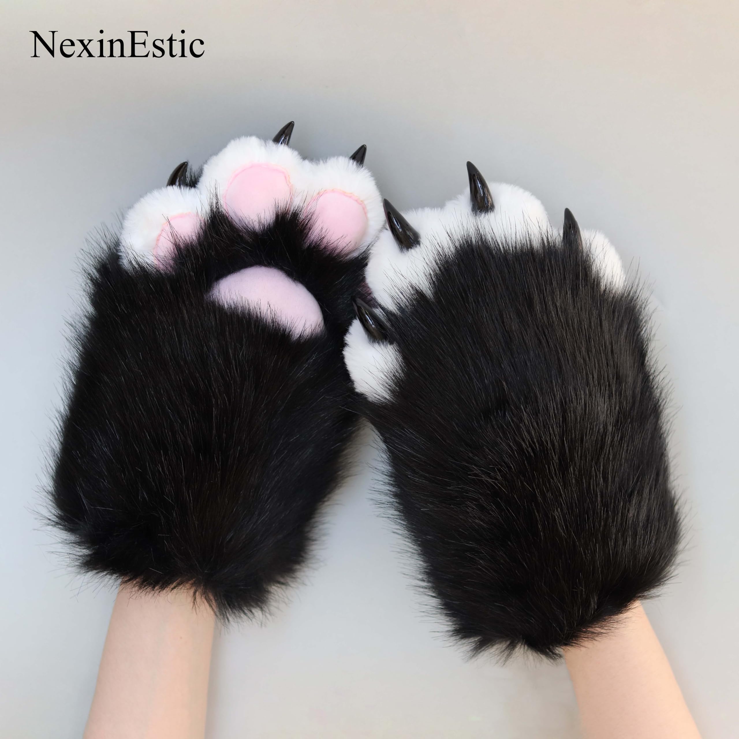 NexinEstic Black&White Therian Paws Comfy Furry Paws Faux Fur Fursuit Paws, Cute Cat Paw Gloves Therian Gloves with Claws - Image 2