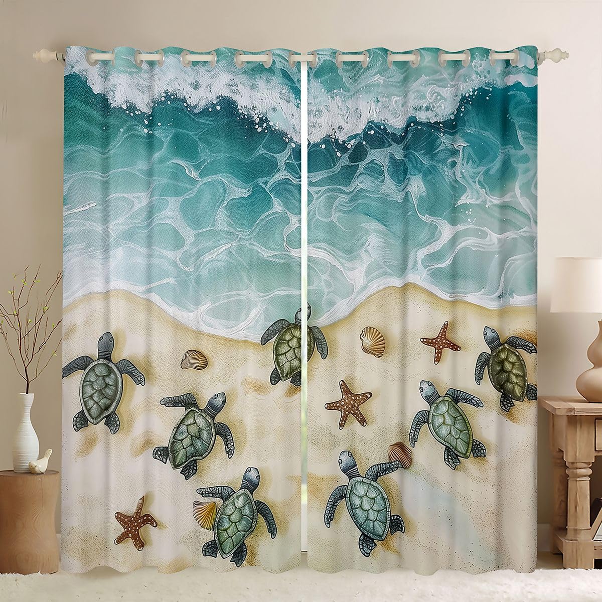 Homemissing Tende oscuranti con tartaruga marina tende oscuranti con sabbia costiera per la decorazione della camera da letto stelle marine spiaggia tonalità termoisolanti trattamenti per finestre con