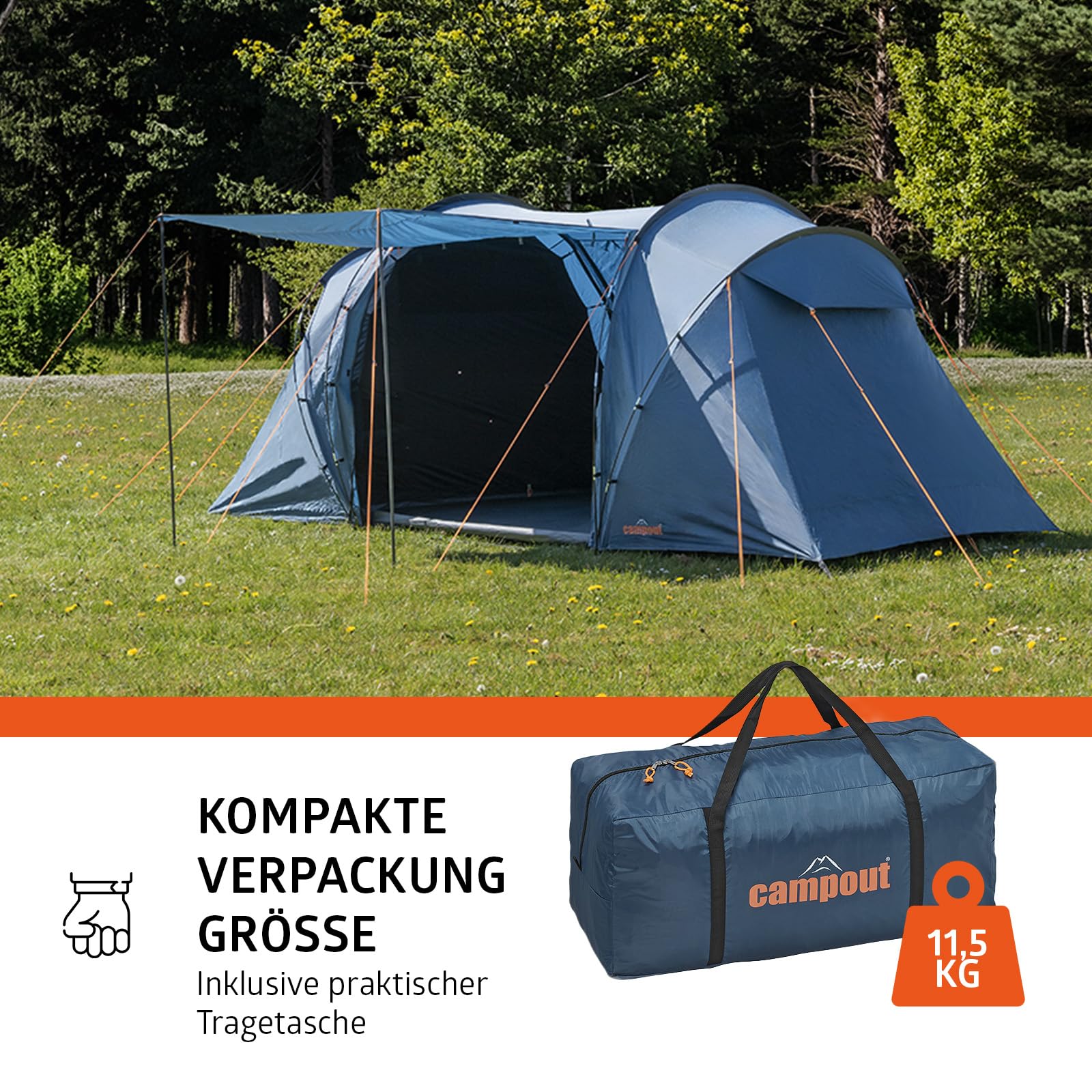 Campout 4-Personen Vis-à-Vis Kuppelzelt – 2 Schlafkabinen – 5000 mm Wassersäule – Wohnbereich – Aufbauzeit 15 Min – inkl. Vordachstangen, Heringen & Tragetasche
