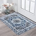KILOCOCO 2x3 Small Area Rug, Moroccan Super Soft Entryway Rugs Indoor Vintage Washable Rug Non-Slip Indoor Door Mat, Accent Print Faux Wool Throw Rug for Kitchen Bedroom Entrance, Silver Grey/Blue