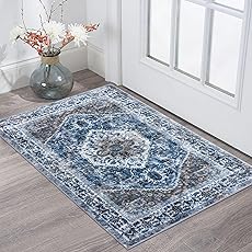 KILOCOCO 2x3 Small Area Rug, Moroccan Super Soft Entryway Rugs Indoor Vintage Washable Rug Non-Slip Indoor Door Mat, Accent Print Faux Wool Throw Rug for Kitchen Bedroom Entrance, Silver Grey/Blue