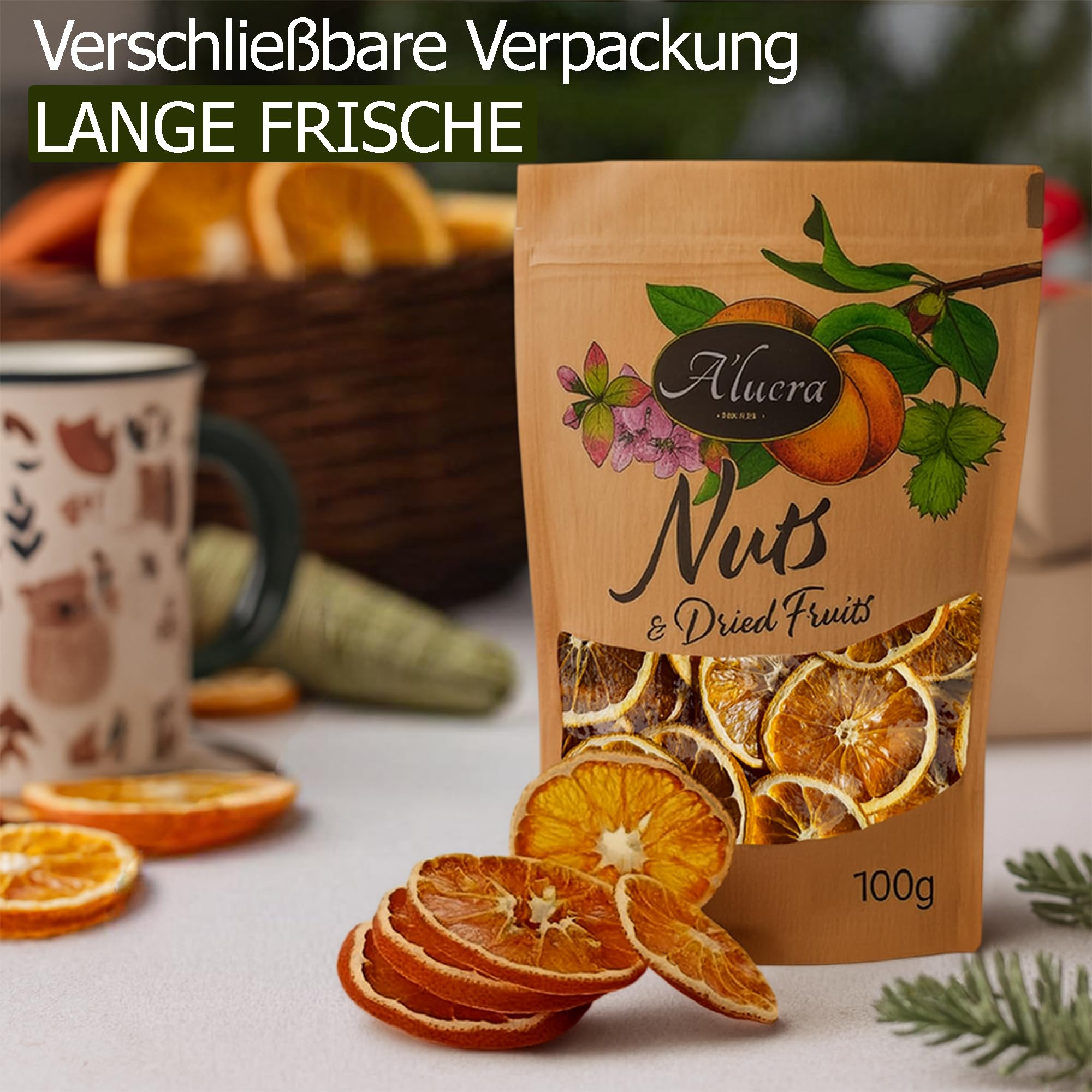 Alucra getrocknete Orangenscheiben Vorteilspaket 5 x 100g - naturbelassen ohne Zucker - Dekoartikel für Frühling - Tischdeko, Kranz Deko, Cocktail Deko - Trockenfrüchte für Snacks und Früchte Mix 500g