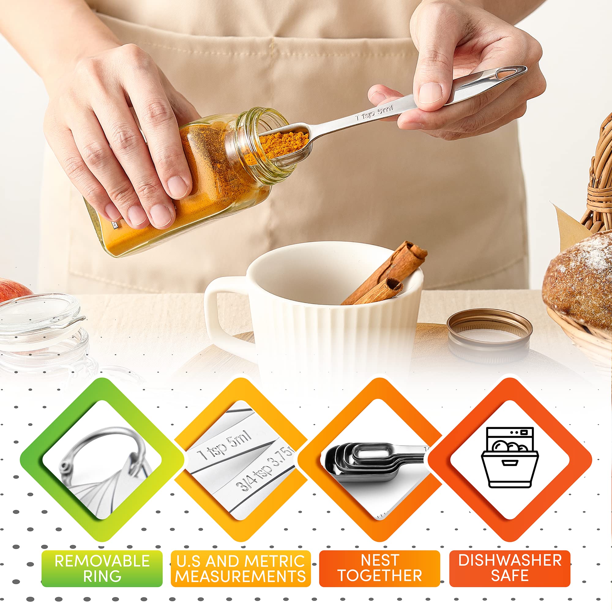 Spring Chef Cucharas medidoras de metal de acero inoxidable resistentes para seco o líquido, cabe en frascos de especias, juego de 6 unidades, incluye nivelador