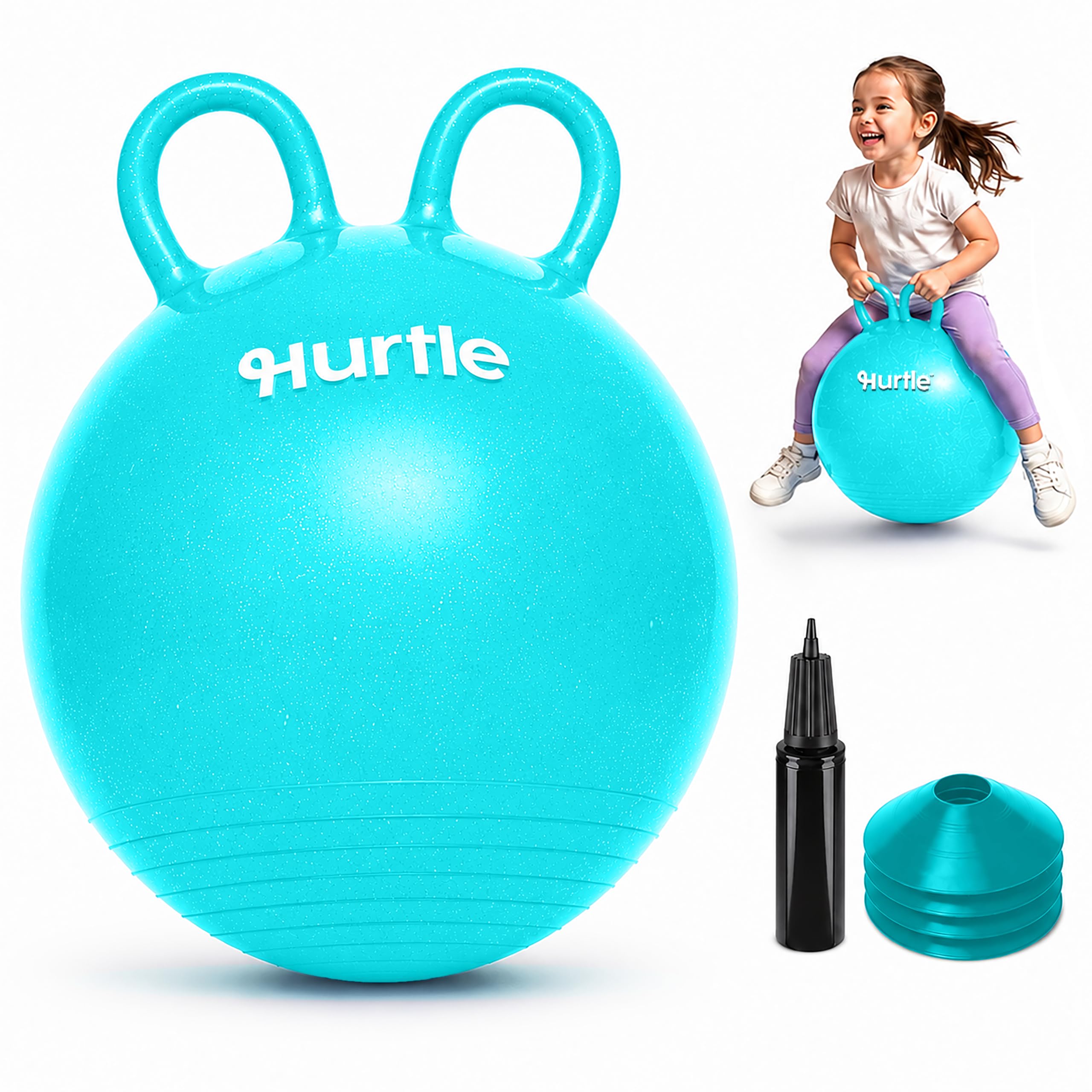 Hurtle Space Hopper 18 Inch Hopper Ball for Kids With Dual Handles, Pump and 4 Cones for Balance, Coordination and Active Indoor Outdoor Play, Teal Glitter