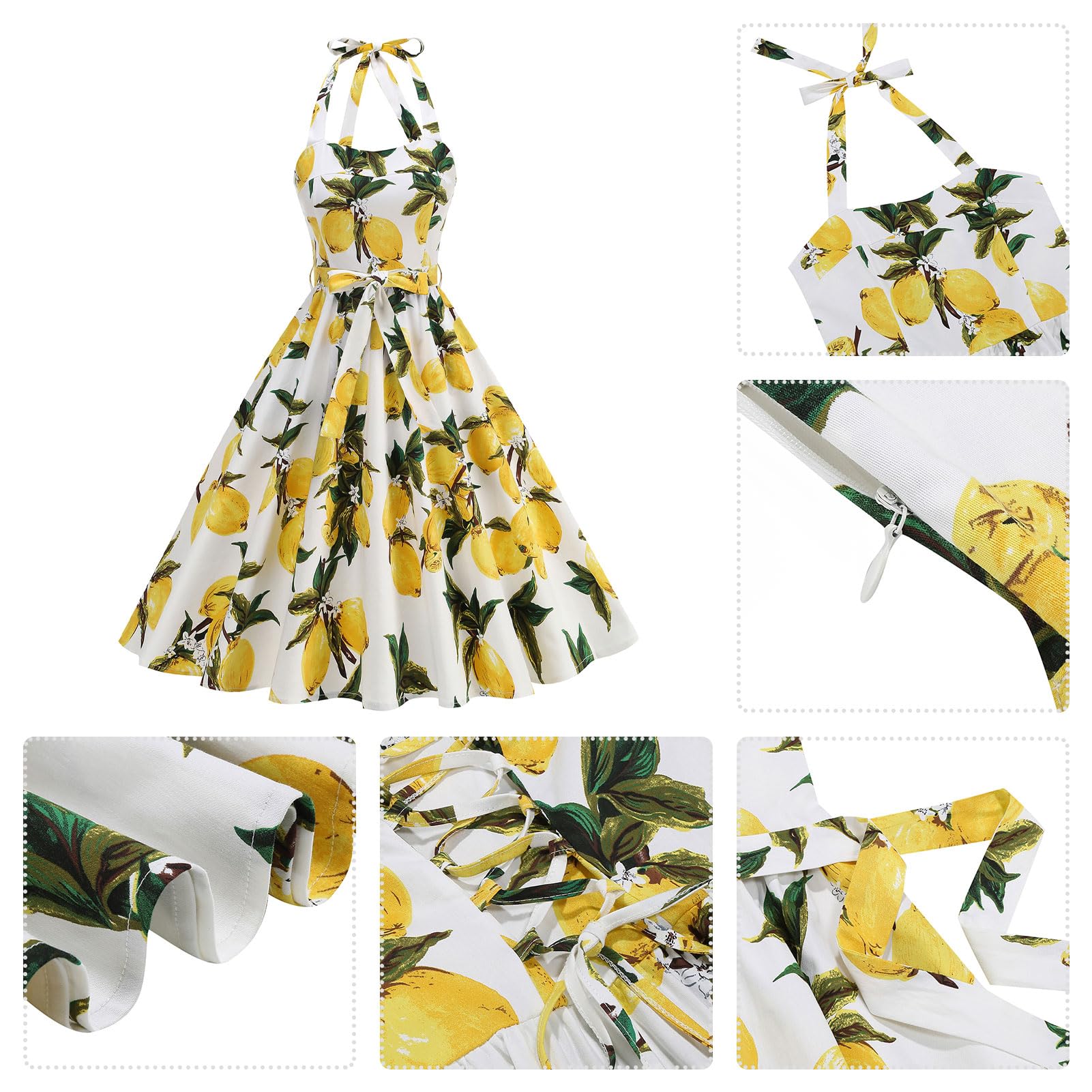 Odizli Abito estivo da donna, stile rockabilly, vintage anni '50, con allacciatura al ginocchio, lunghezza al ginocchio