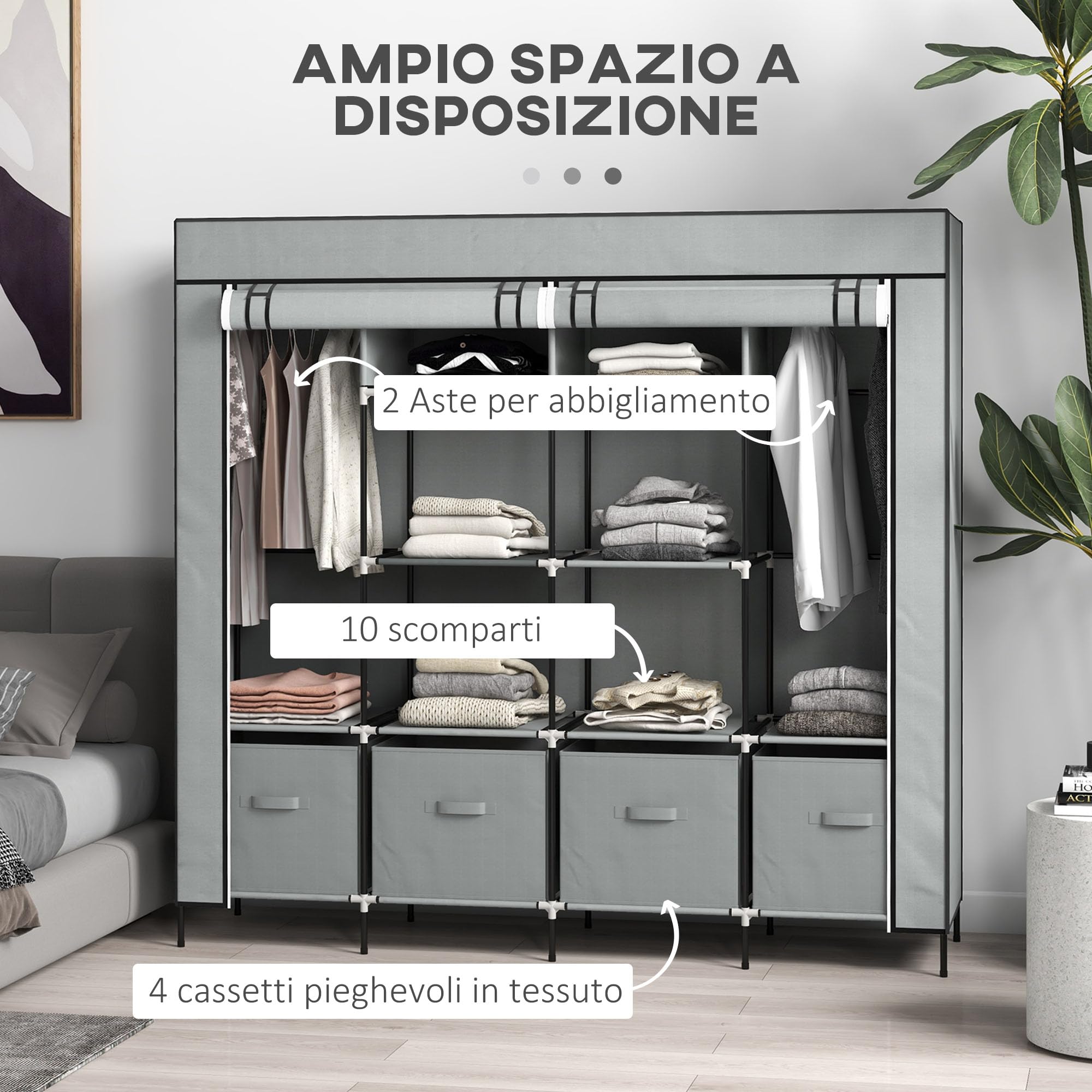 HOMCOM Armadio Portatile in Tessuto non Tessuto e Acciaio, Guardaroba con 10 Ripiani, 4 Cassetti, 2 Barre Appendiabiti e Ante a Cerniera, 166x42.5x169.5cm, Grigio Scuro