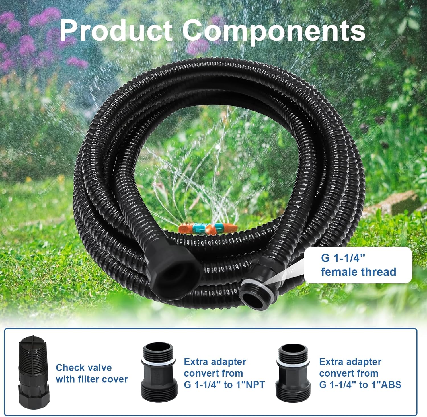 23FT x 1" Suction Hose Kit with Check Valve, for Well Pump Water Intake Easy to Install for Quickly Water Sucking from Garden Pond Canal Reservoir, Corrugated Pipe 23FT Long with 1”Female Inlet