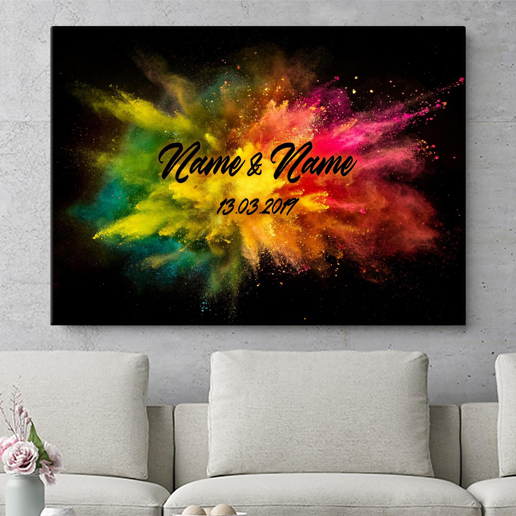 Liebesleinwand Leinwandbild personalisiert | Leinwand gestalten mit Namen und Datum Geschenk für Partner | Bunte Liebe