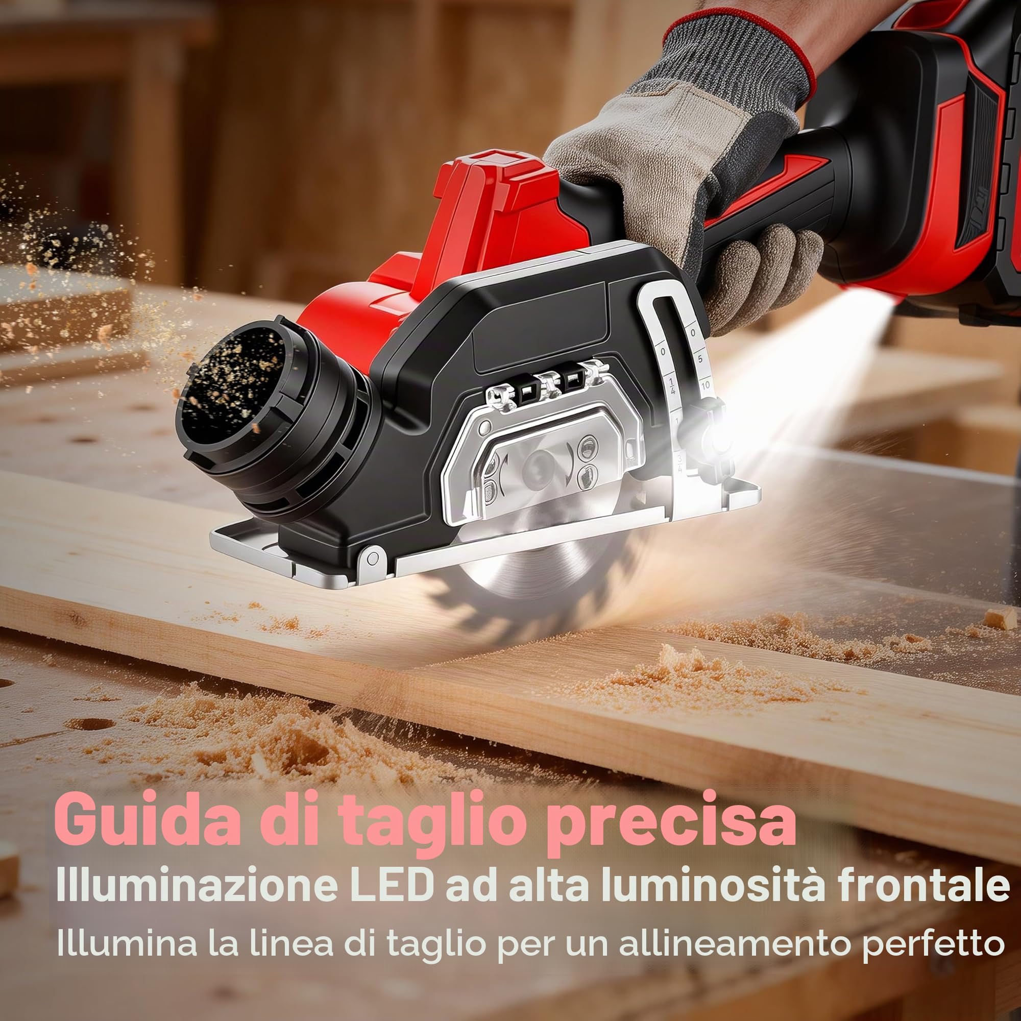 TEENO Mini Sega Circolare, Seghe Circolare per Legno, 2 Batterie 2,0Ah, 20000 RPM, Angolo di Taglio Regolabile, 8 Lame, Guida Parallela, Motore in Rame Puro, Adatta per Metallo, Legno e Piastrelle