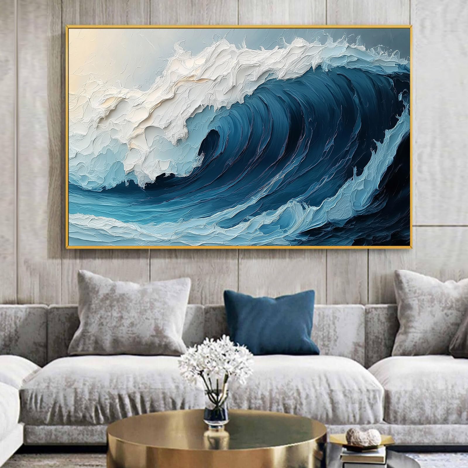 Abstract Ocean Waves Wall Art Blue and White Textured Painting