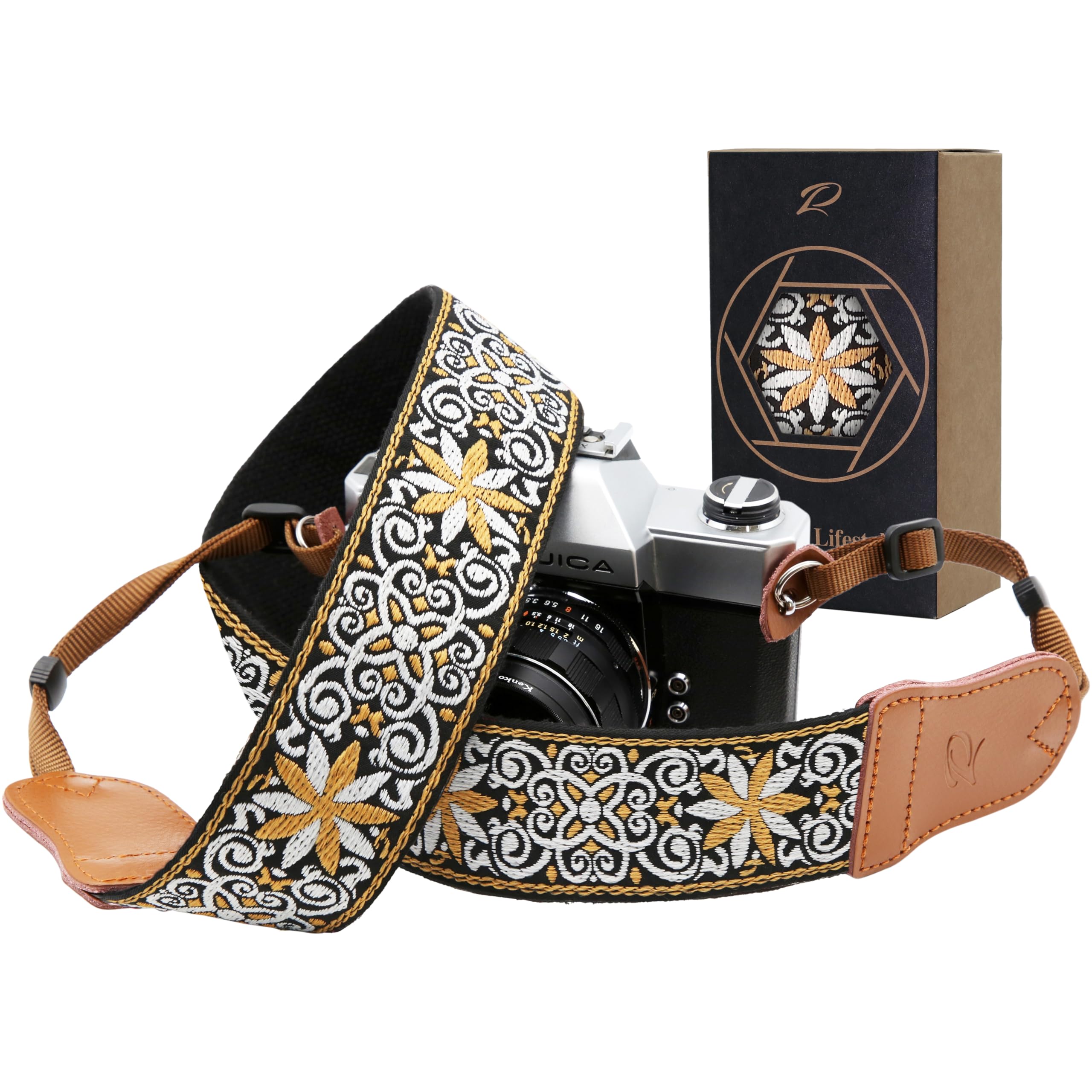 Padwa Lifestyle Camera Strap - 2" Cowhide Head Yellow Floral Camera Straps for Photographers,Vintage Jacquard Embroidery Woven Cotton Adjustable Shoulder Neck Straps for All DSLR Cameras