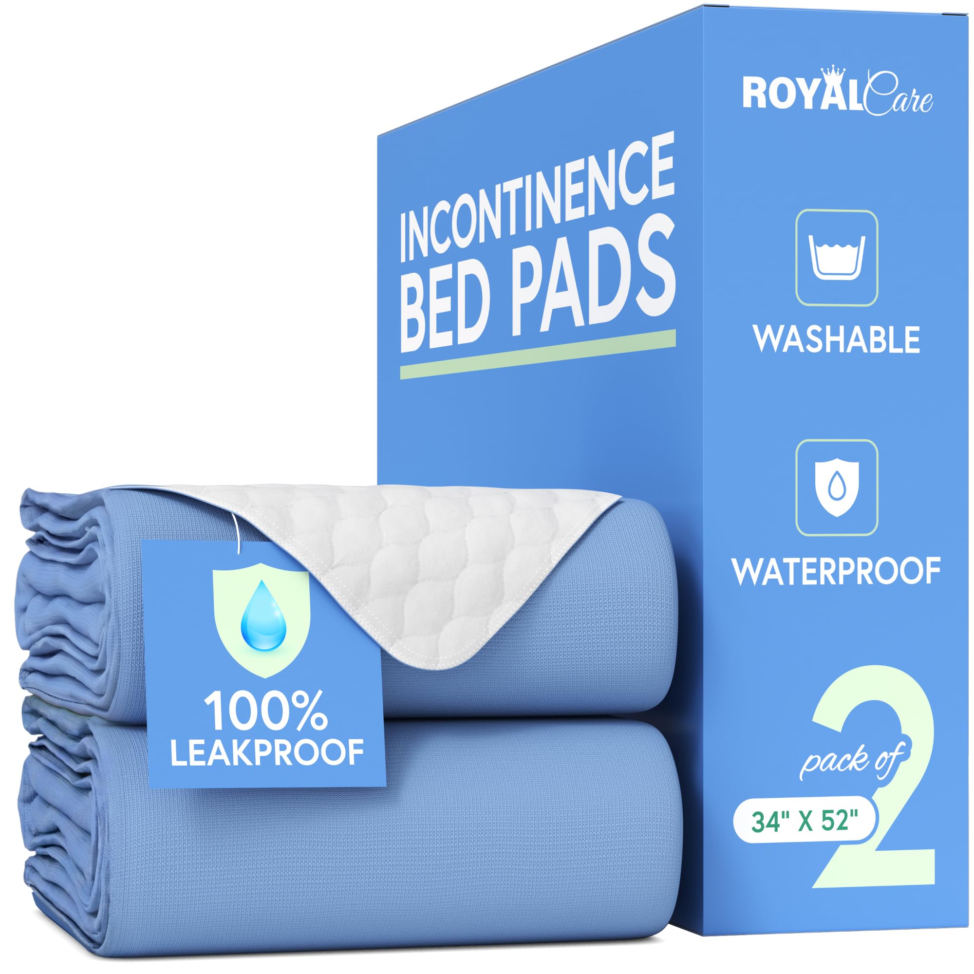 Royal Care 2-Pack 34x52 Extra Large Washable Bed Pads/Reusable Incontinence Underpads Mattress Protector for Adults, Kids and Pets -Blue,