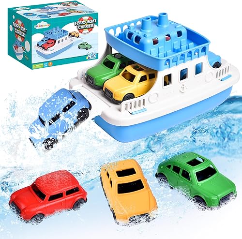 Juguetes de baño de barco de juguete para niños pequeños con 4 mini juguetes de coche, juguetes de agua para niños, ferry barco para bañera, baño,