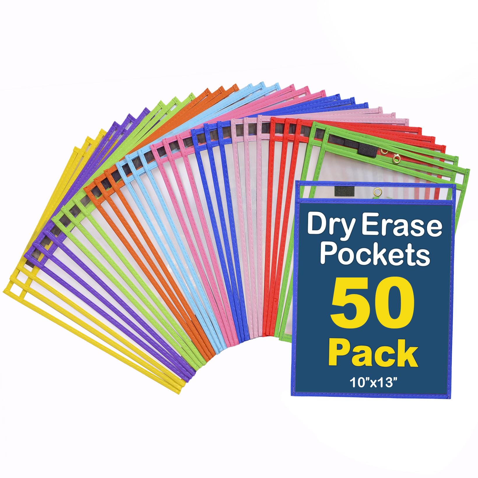 BONBELA Dry Erase Pockets 50 Pack - 10 x 13 Reusable Dry Erase Pocket Sleeves for Work & School Worksheets - Heavy Duty Clear Pocket Sleeves - Quickly