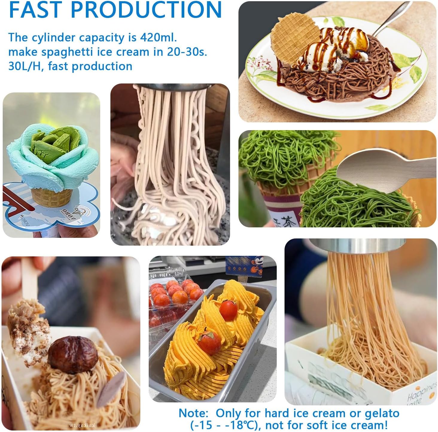 Commercial Spaghetti Ice Cream Maker, 80w Ice Cream Press Machine, 0.42l Stainless Steel Hopper, 4 Noodle Shape Molds, Easy use for Dessert Shops