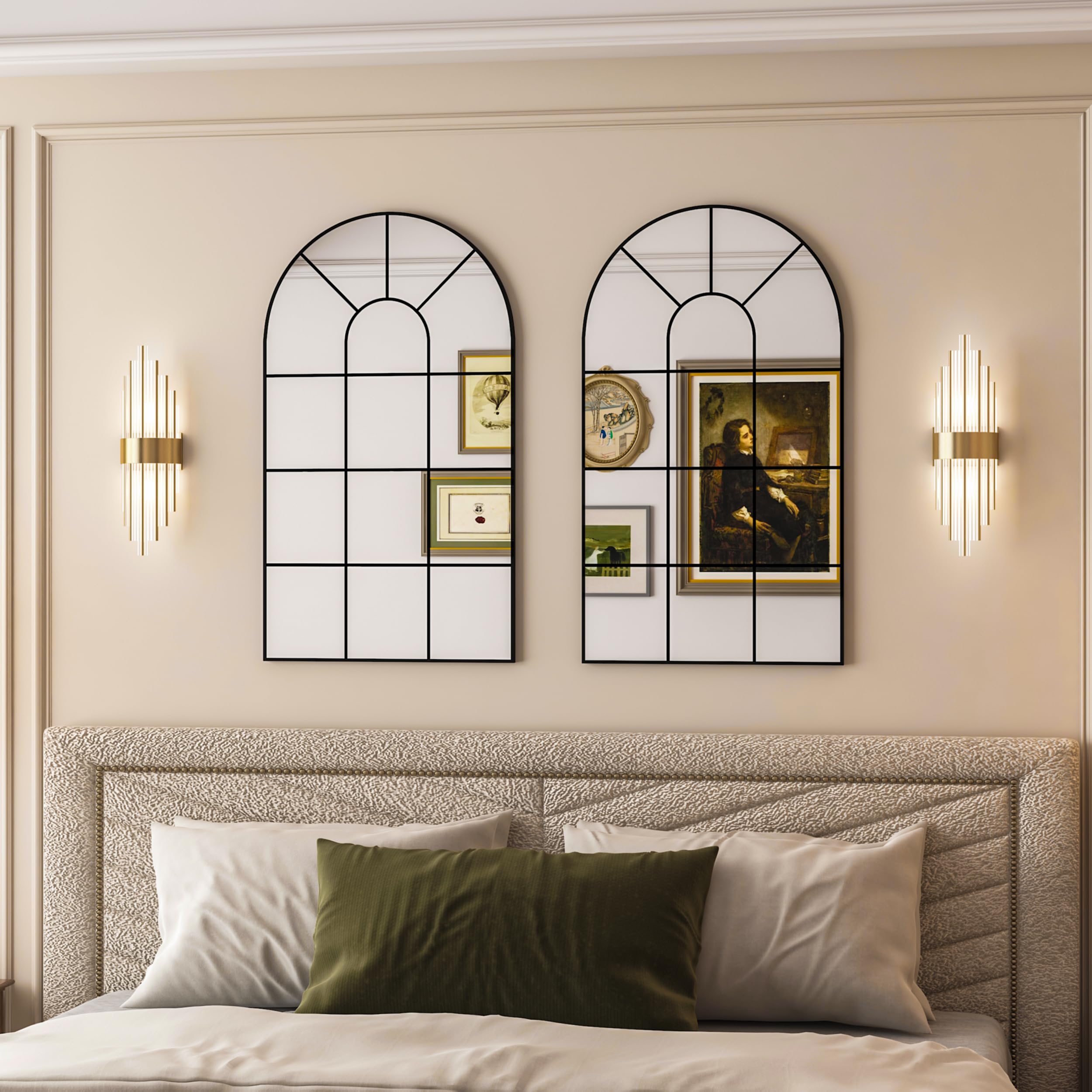 Gewölbte Fenster Wandspiegel, 80x50cm, dekorativer Spiegel, Eitelkeitsspiegel für Badezimmer, Schlafzimmer, Wohnzimmer, Fensterscheibe Spiegel, Bauernhaus Spiegel für Wand Dekor, Schwarz
