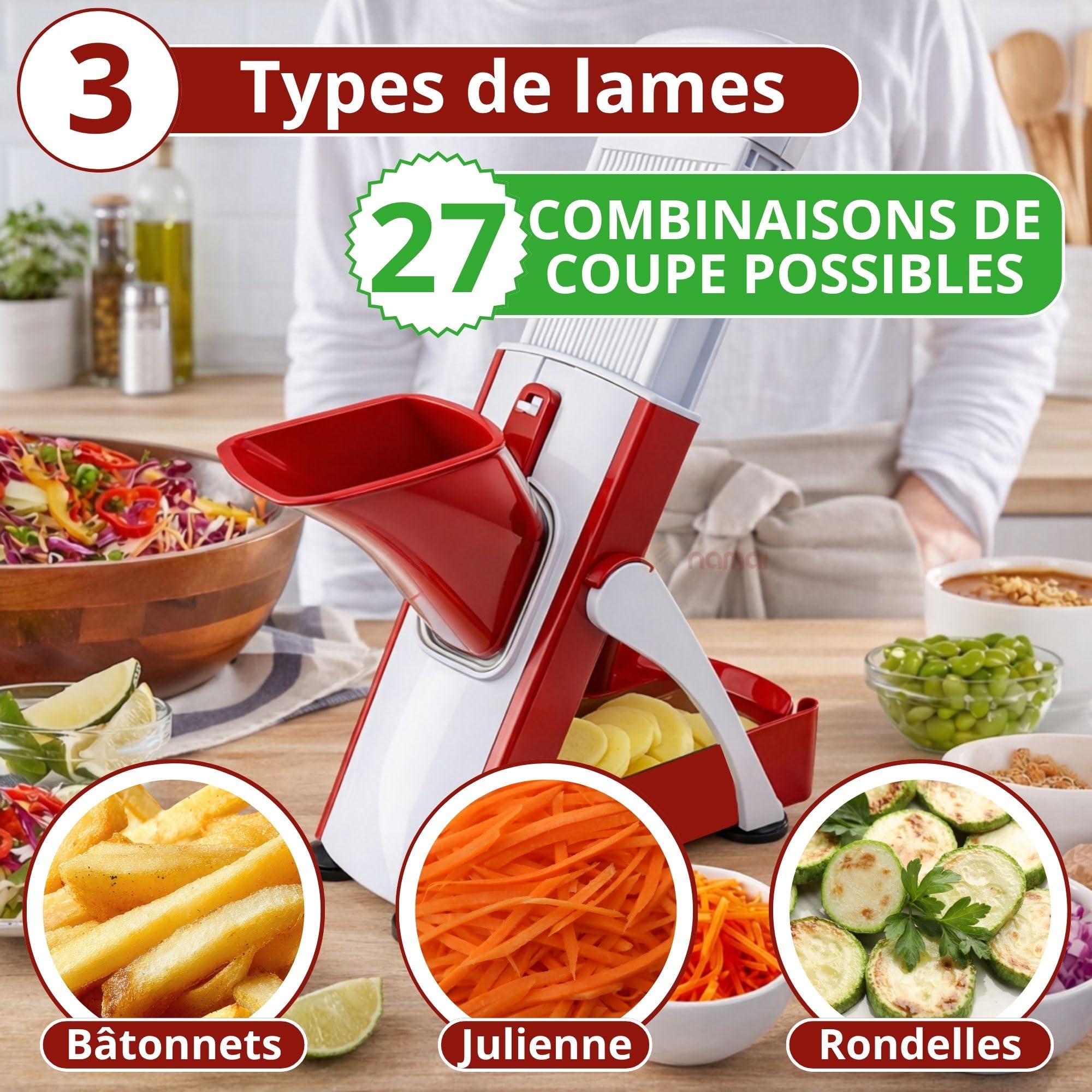 NAMAI - Professional kitchen mandolin with 27 cutting combinations, durable stainless steel blades, dishwasher safe, practical and safe