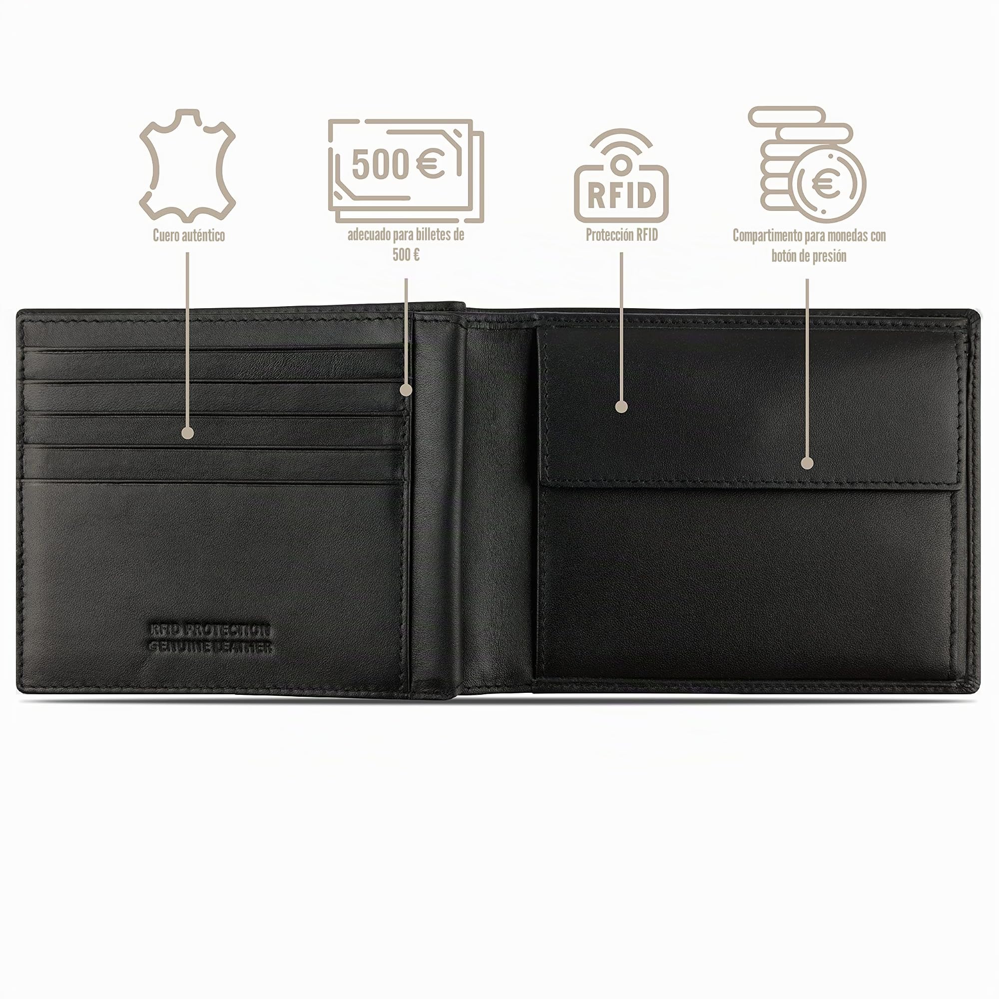 bugatti Super Slim Billetera de Piel Genuina - Delgada, con Protección RFID, 100% hecha a mano, Negra